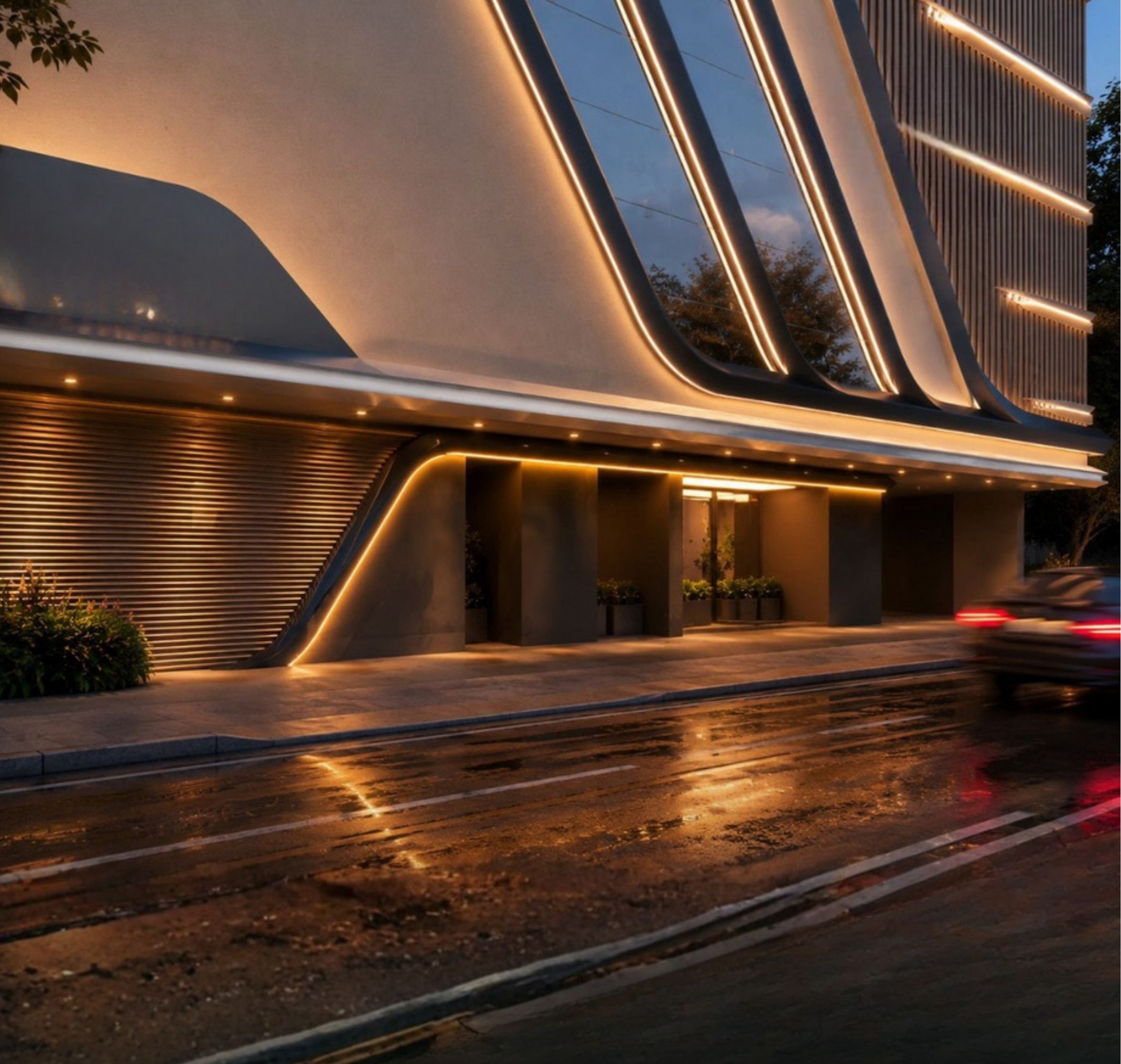 Falcon Sky Tower — acesso e portaria com iluminação integrada