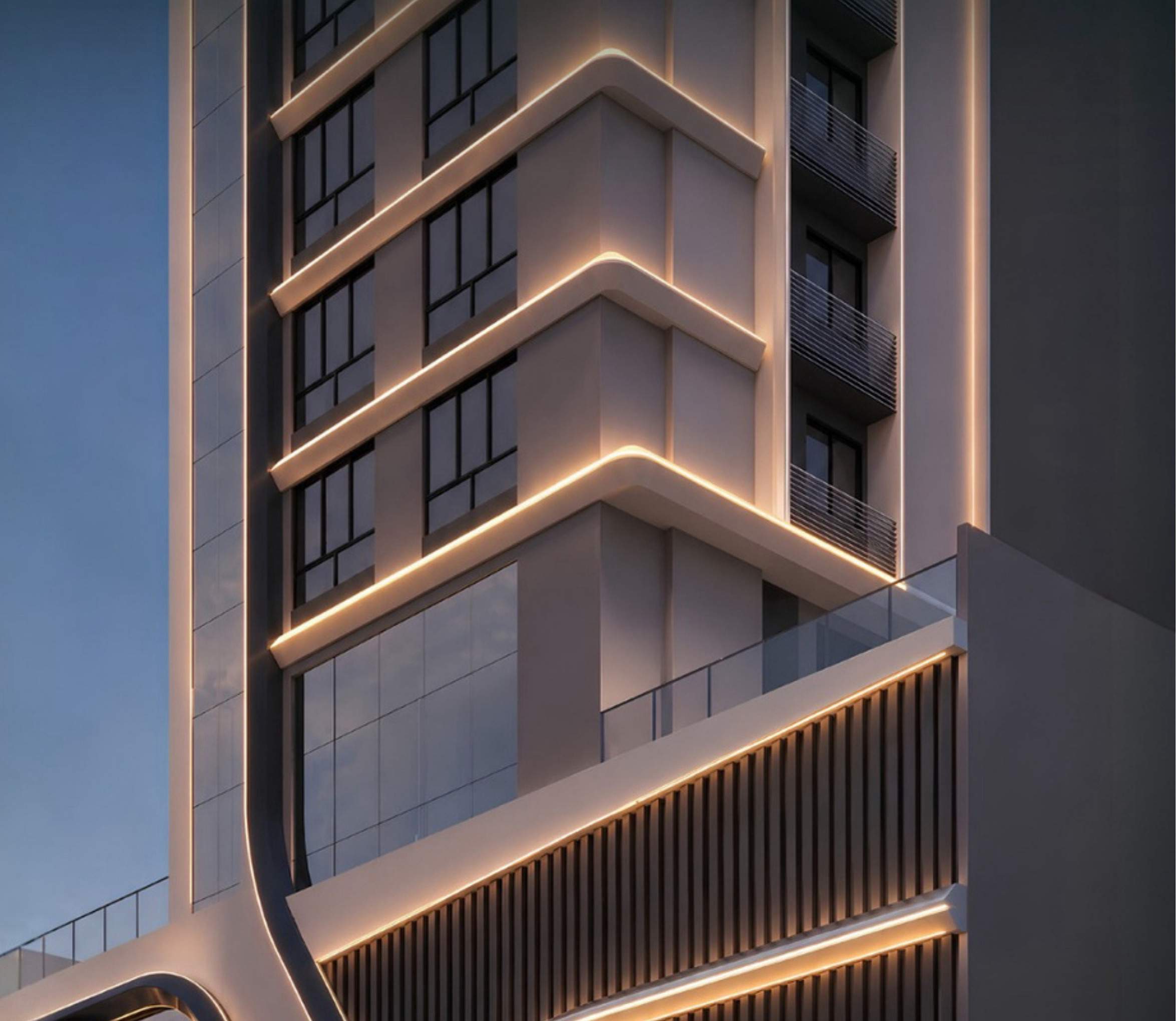 Falcon Sky Tower — detalhe da fachada com linhas curvas