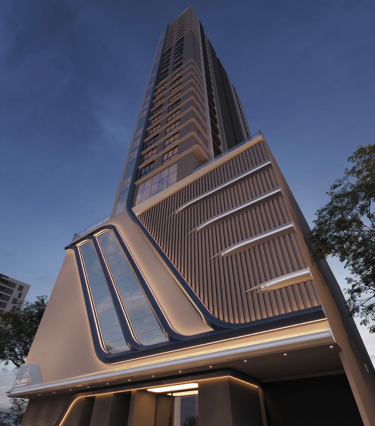 Falcon Sky Tower — Fachada base noturna, Planer Empreendimentos, Balneário Perequê, Porto Belo SC