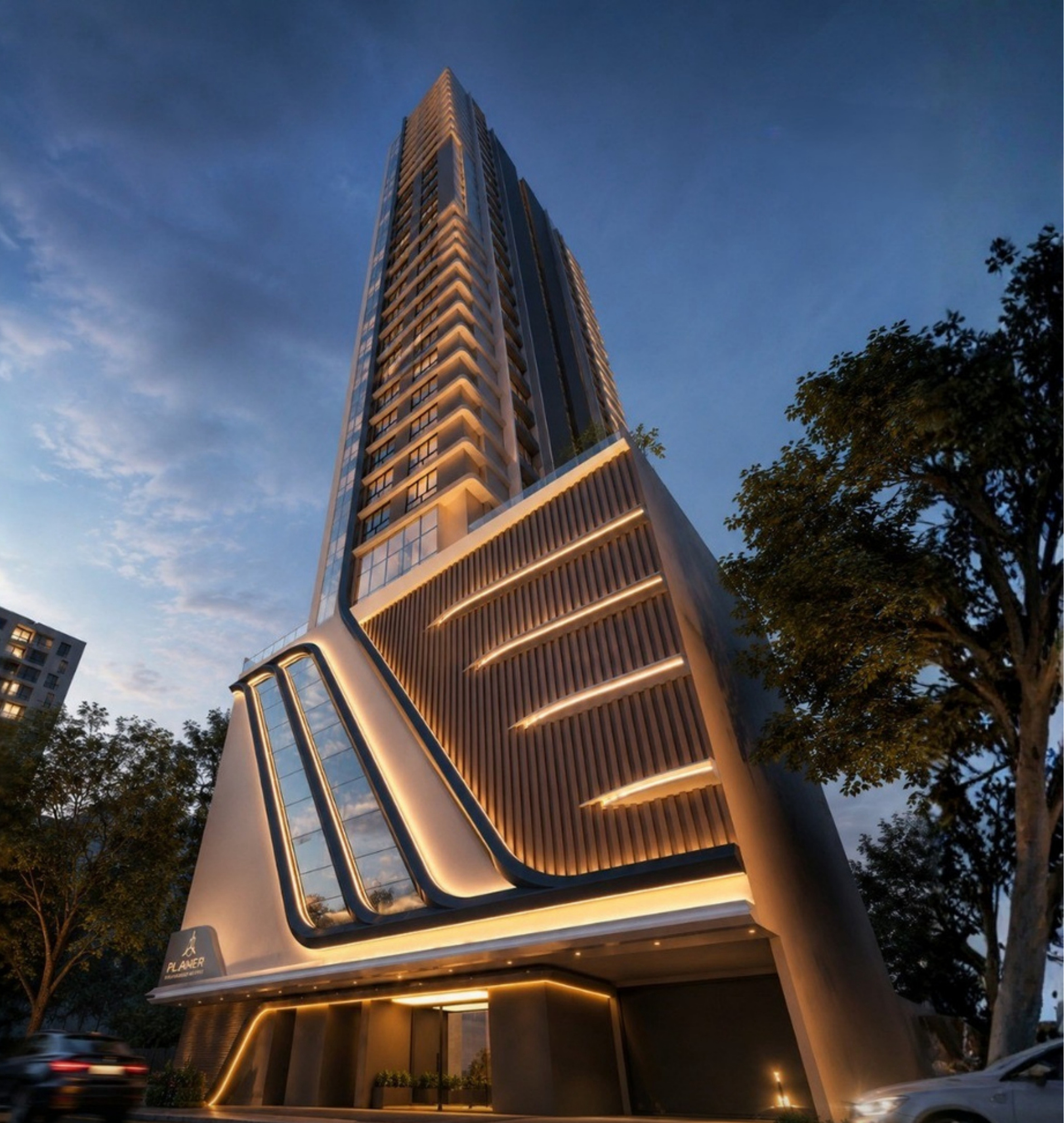 Falcon Sky Tower — fachada em perspectiva noturna, Planer Empreendimentos, Porto Belo SC