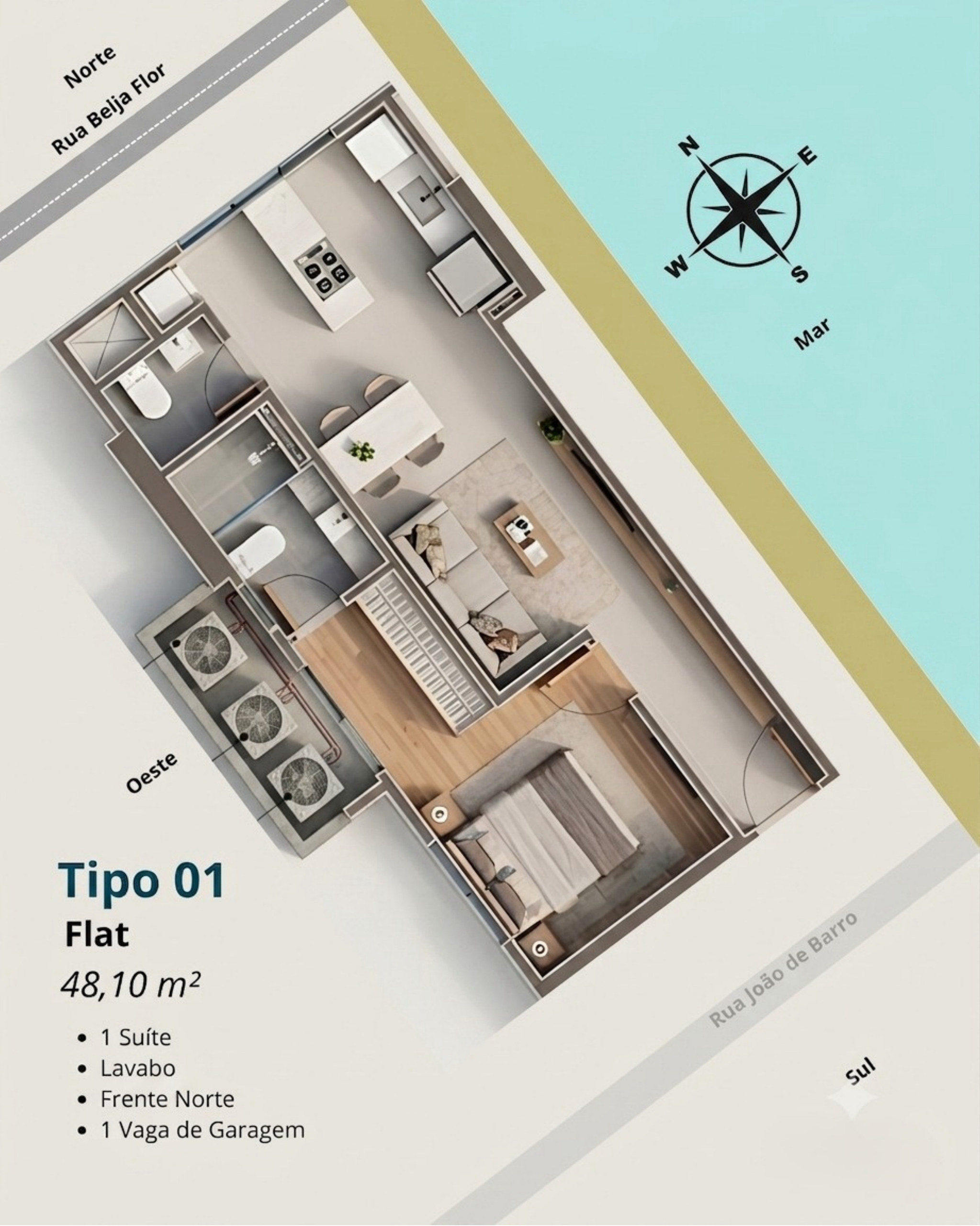 Falcon Sky Tower — planta tipo 01, flat de 48,10 m² com 1 suíte