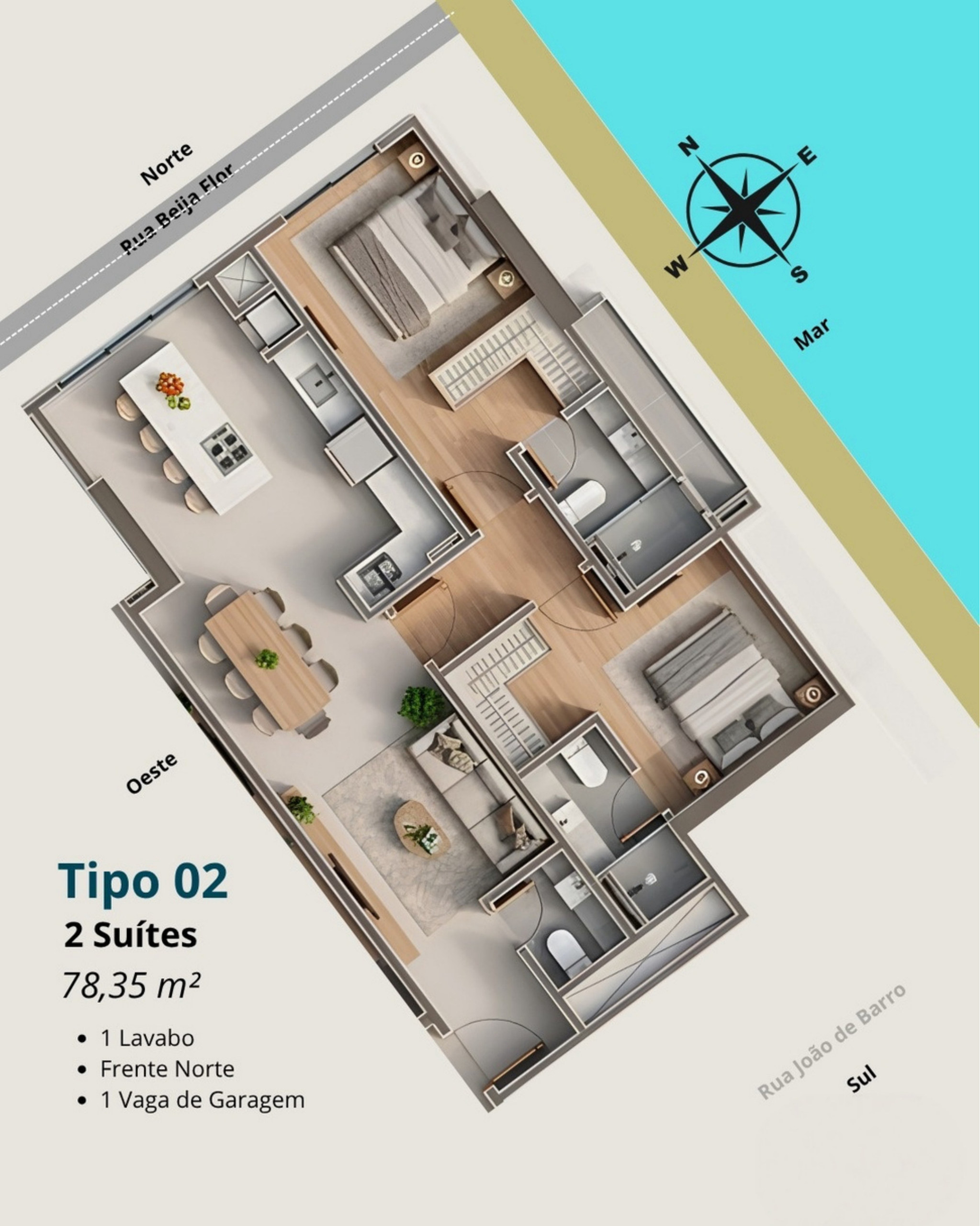 Falcon Sky Tower — planta tipo 02, 2 suítes com 78,35 m²