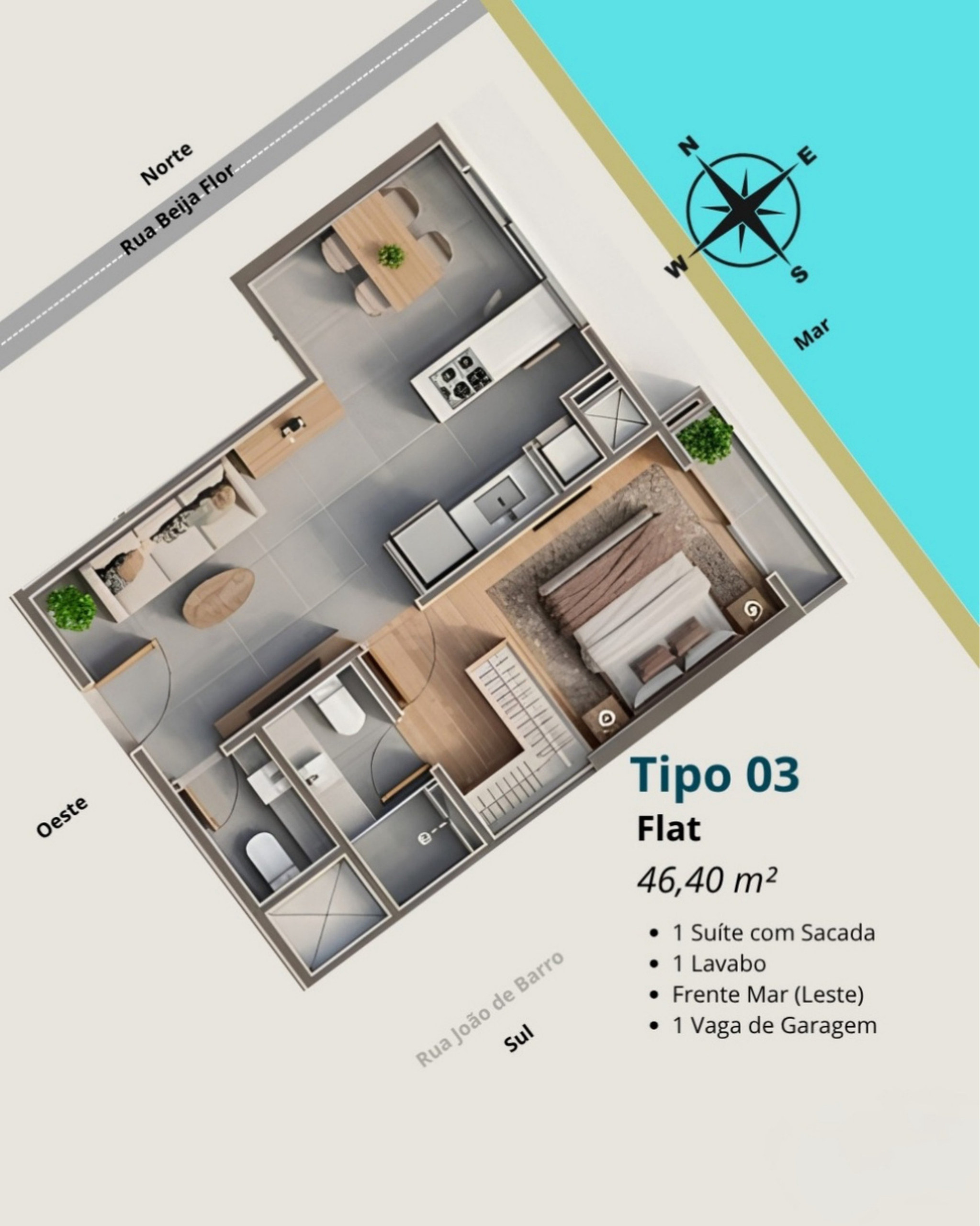 Falcon Sky Tower — planta tipo 03, flat de 46,40 m² frente mar
