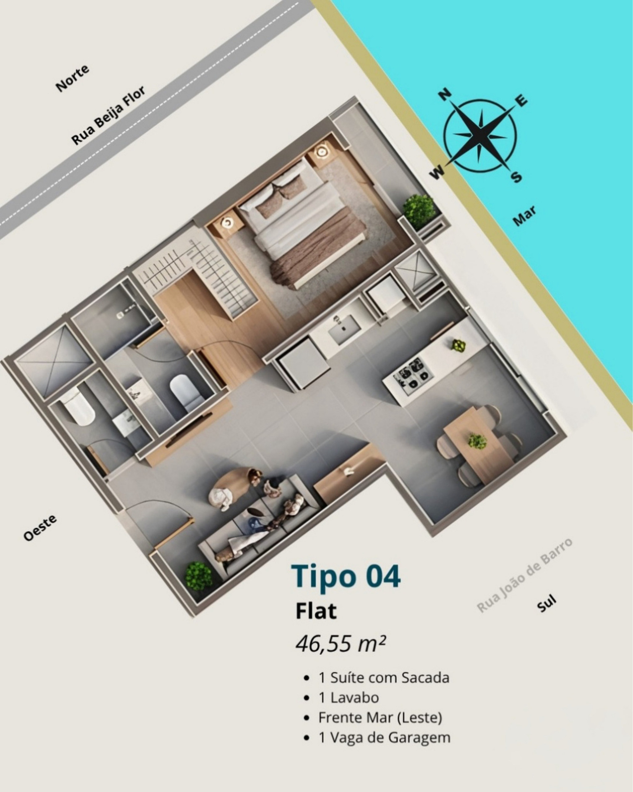 Falcon Sky Tower — planta tipo 04, flat de 46,55 m² frente mar