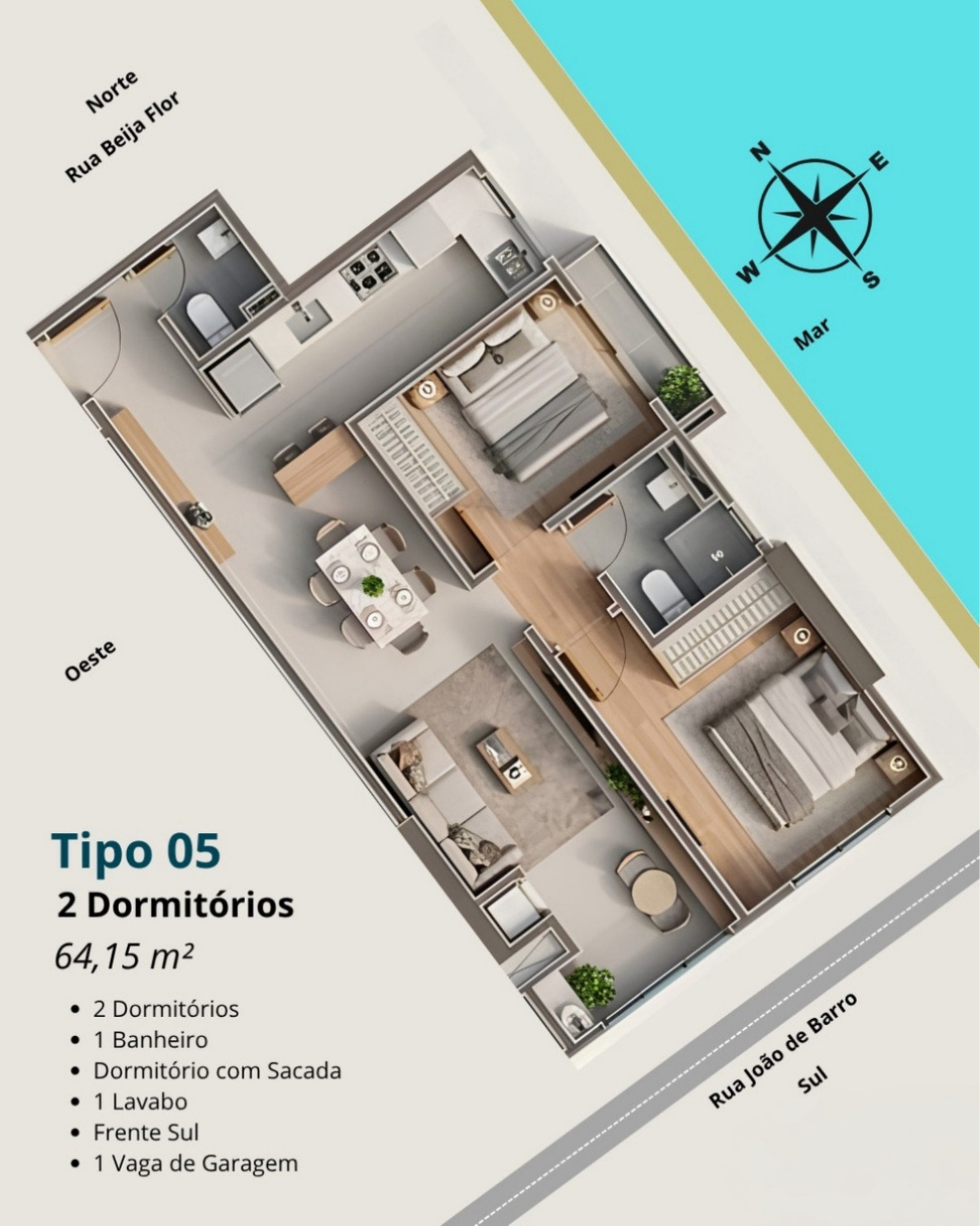 Falcon Sky Tower — planta tipo 05, 2 dormitórios com 64,15 m²
