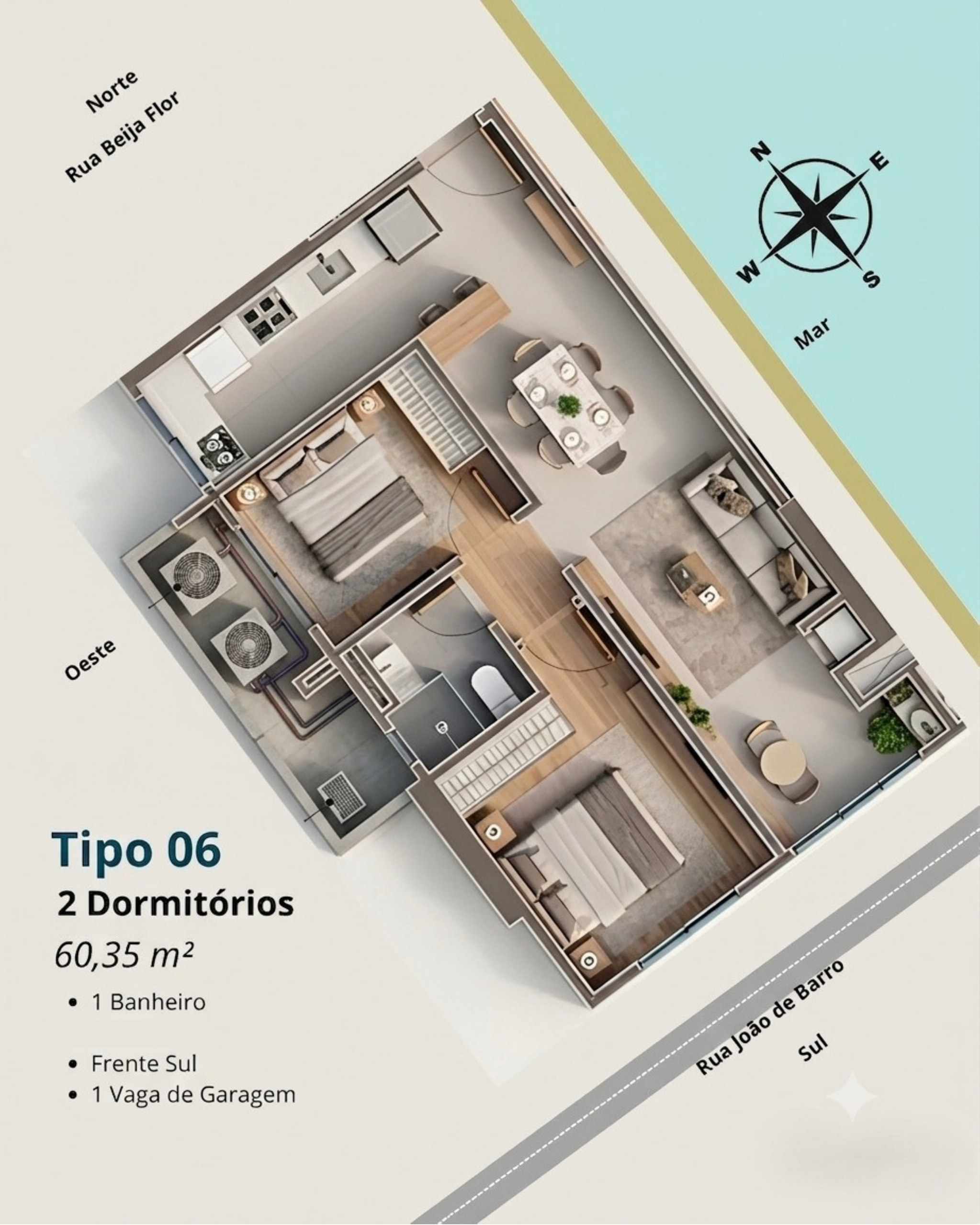 Falcon Sky Tower — planta tipo 06, 2 dormitórios com 60,35 m²