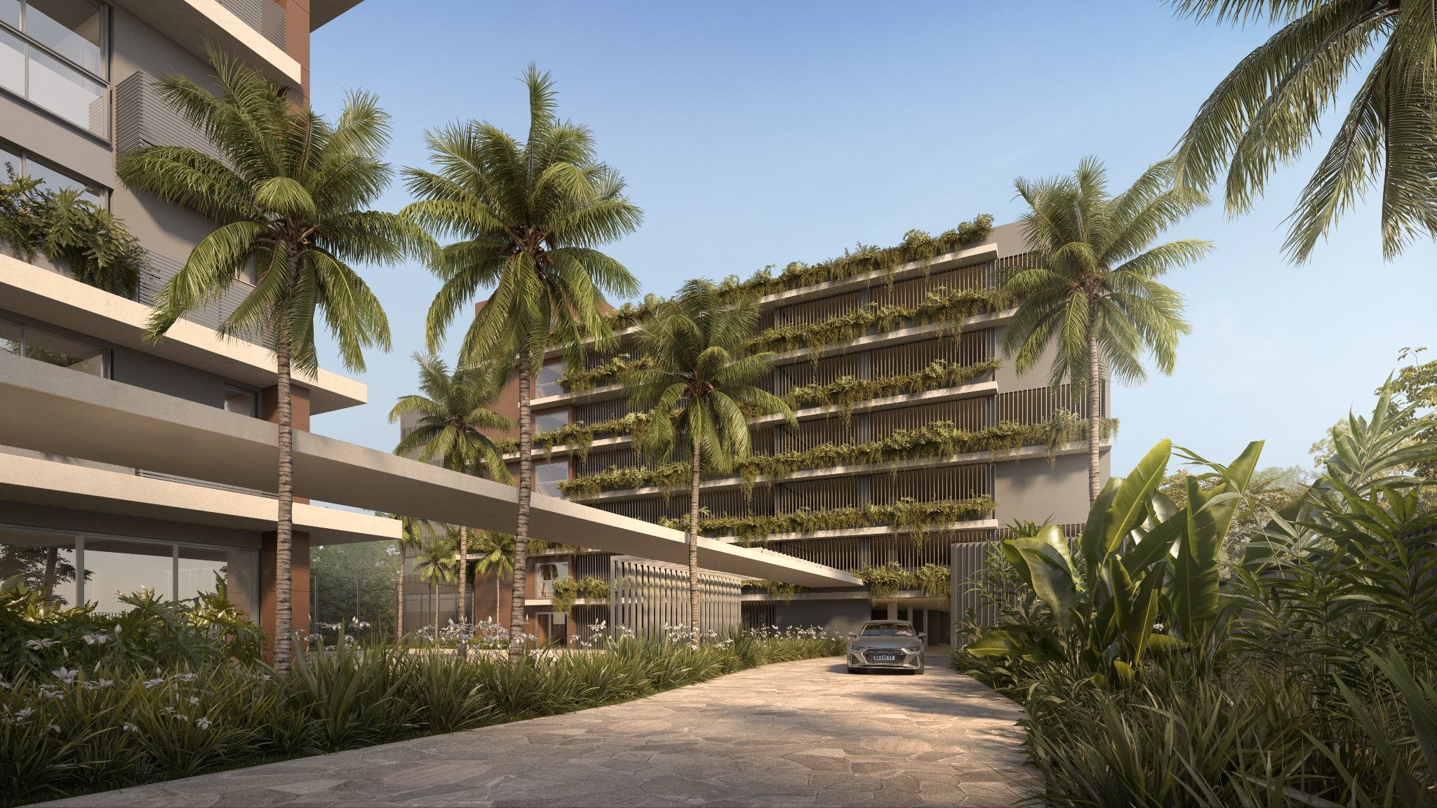 Isla Residencial Clube — fachada do edifício garagem com jardins