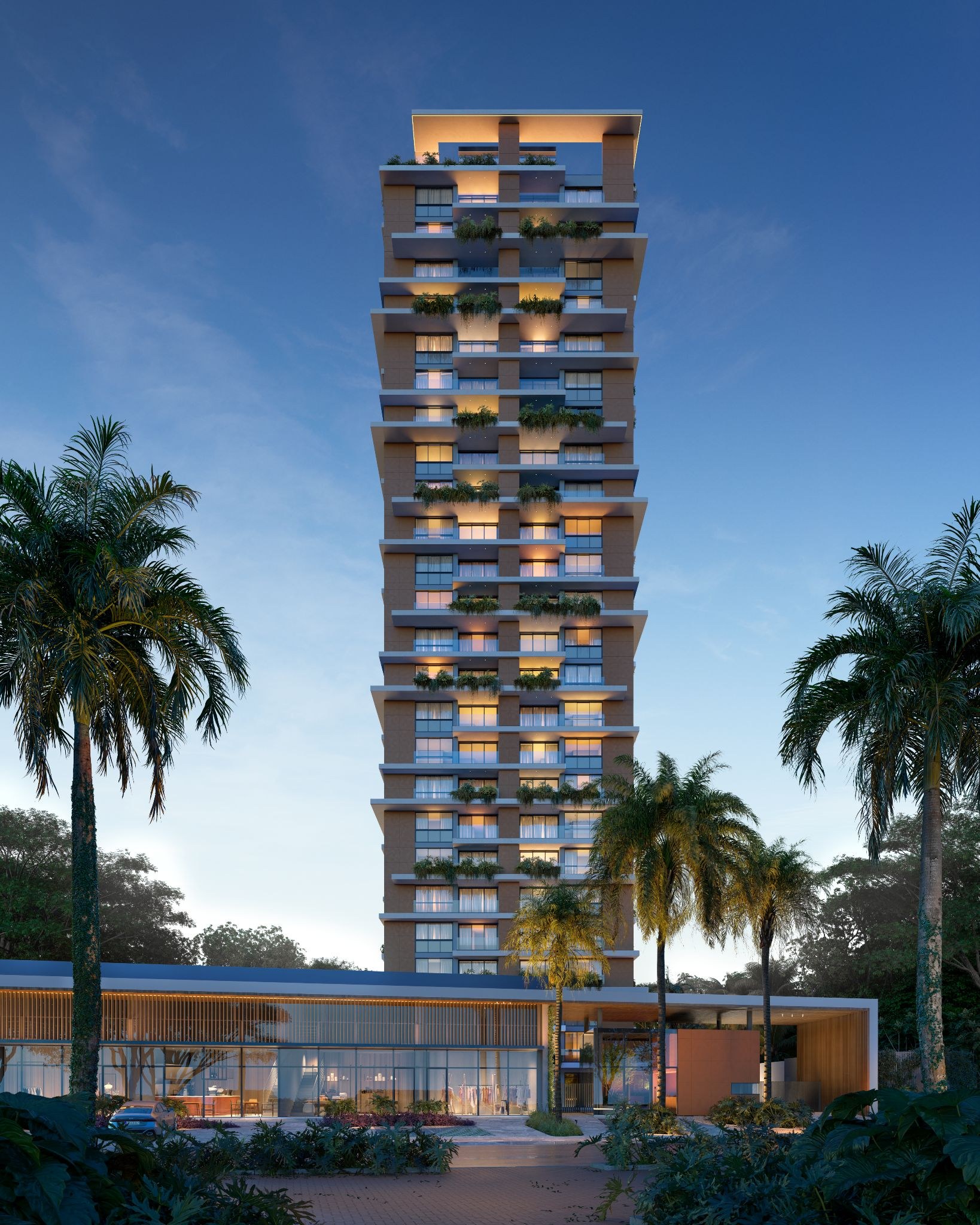Isla Residencial Clube — fachada da torre ao entardecer