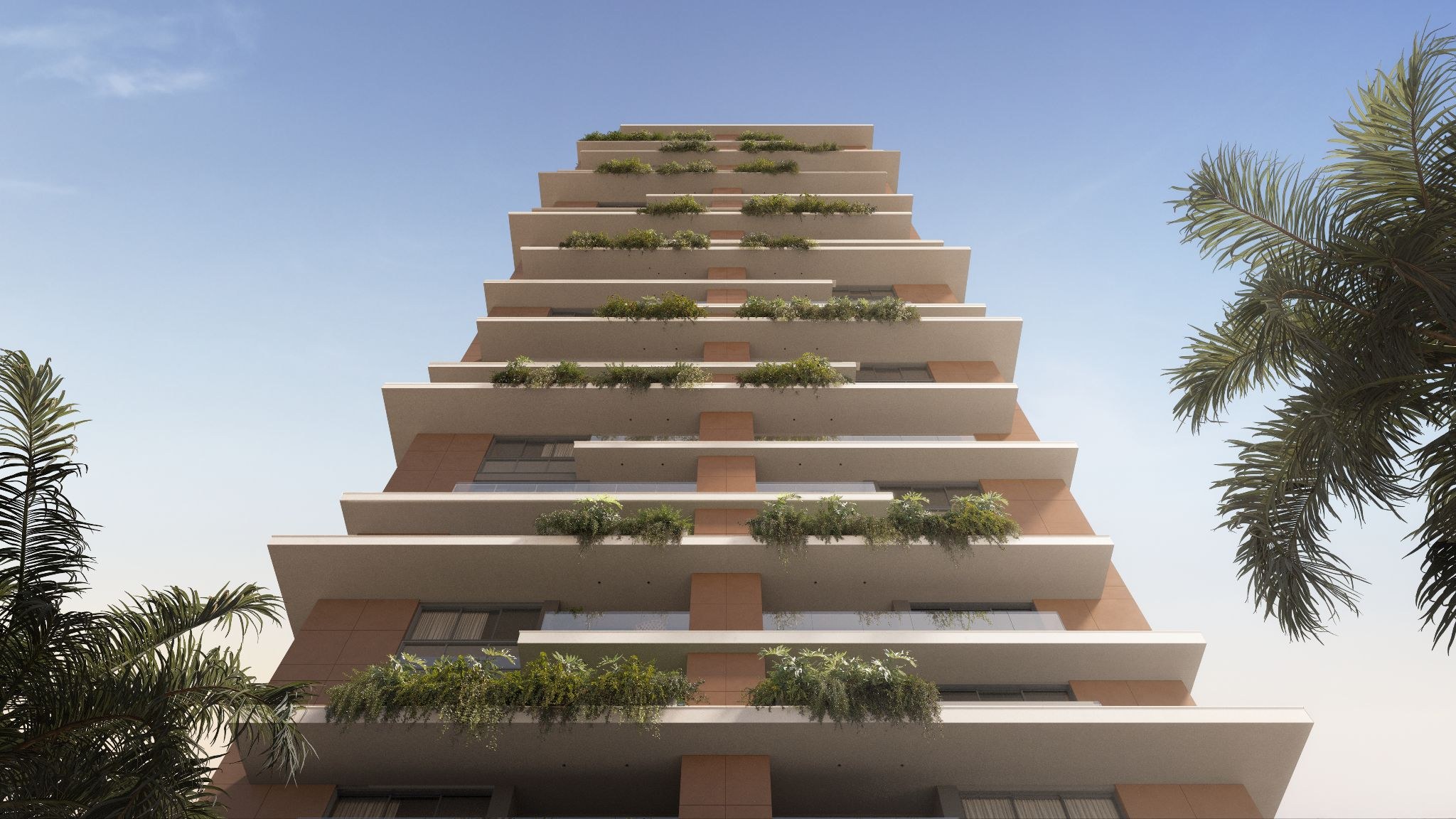 Isla Residencial Clube — fachada com varandas escalonadas e jardins