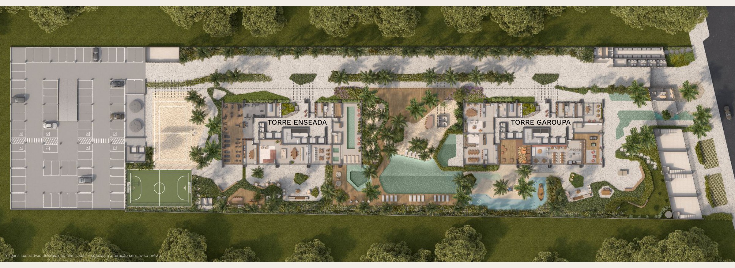 Isla Residencial Clube — implantação do térreo com as torres Enseada e Garoupa, piscinas e edifício garagem