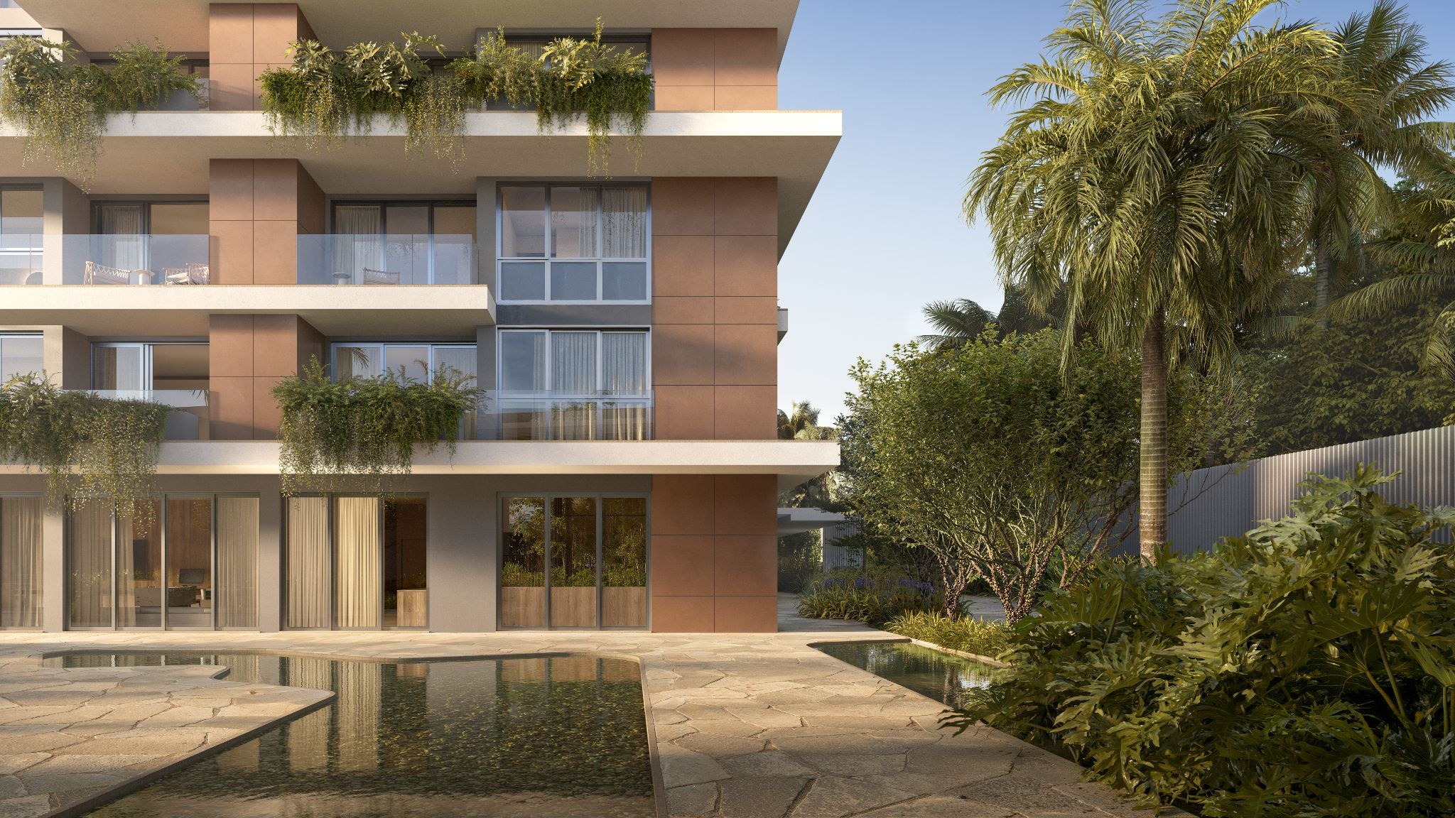 Isla Residencial Clube — paisagismo e espelho d’água junto à torre