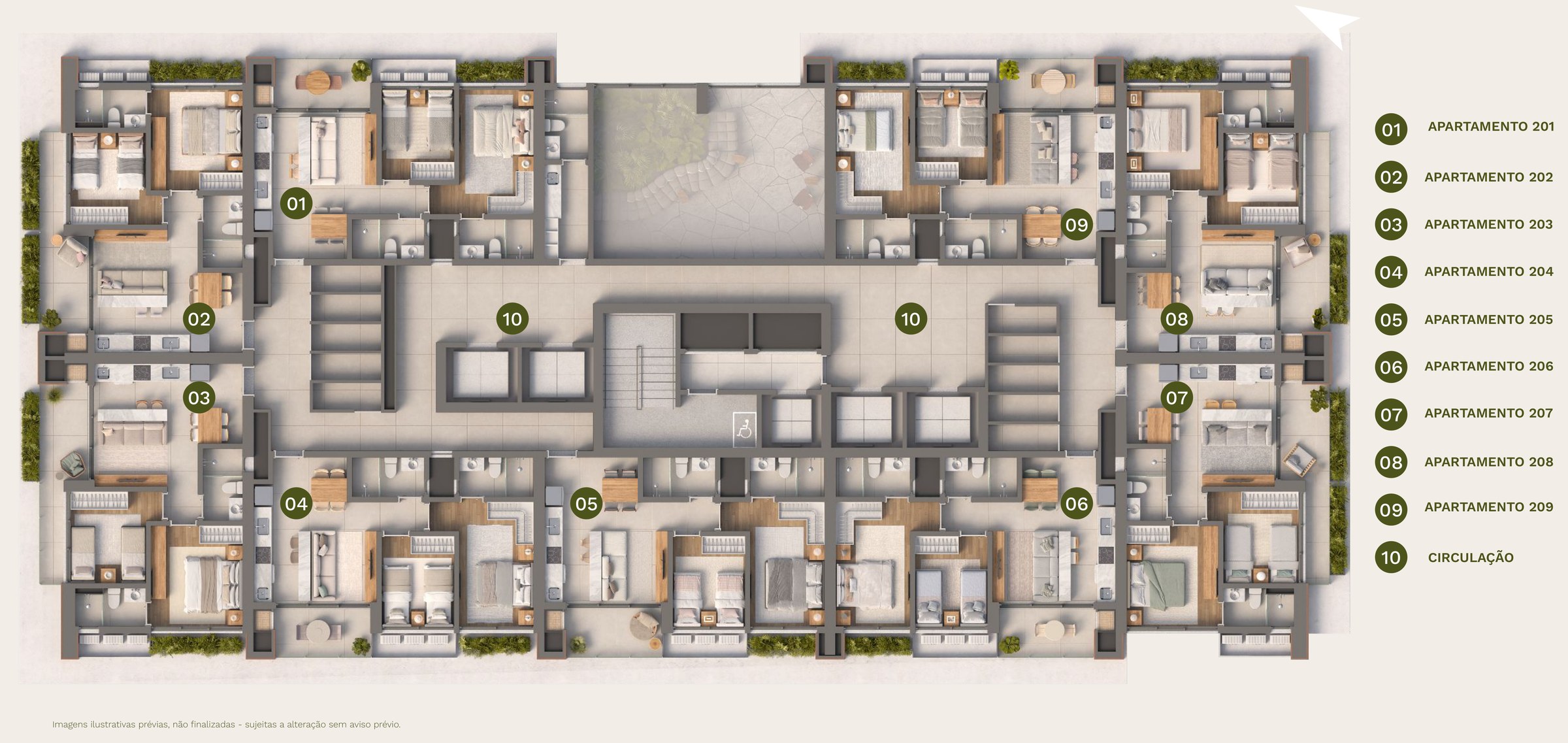 Isla Residencial Clube — planta do 2º pavimento das torres Garoupa e Enseada, apartamentos 201 a 209