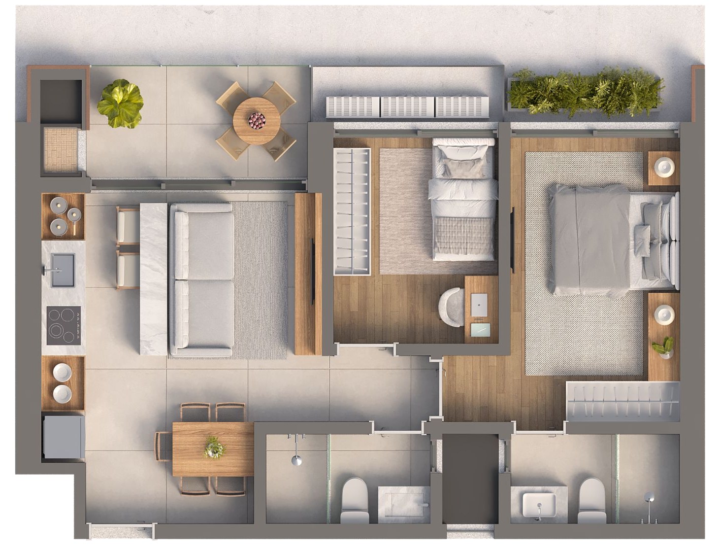 Isla Residencial Clube — planta do apartamento final 01 e 06: 61,48 m², 2 dormitórios sendo 1 suíte