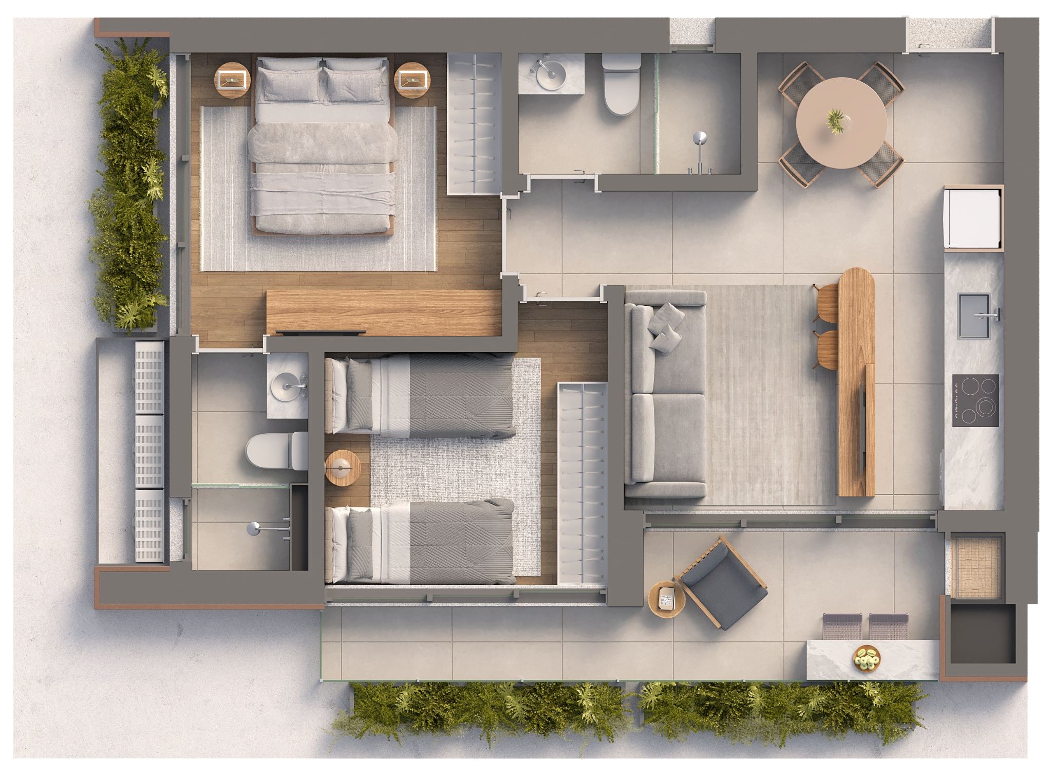 Isla Residencial Clube — planta do apartamento final 02 e 07 com sacada estendida: 64,42 m², 2 dormitórios sendo 1 suíte