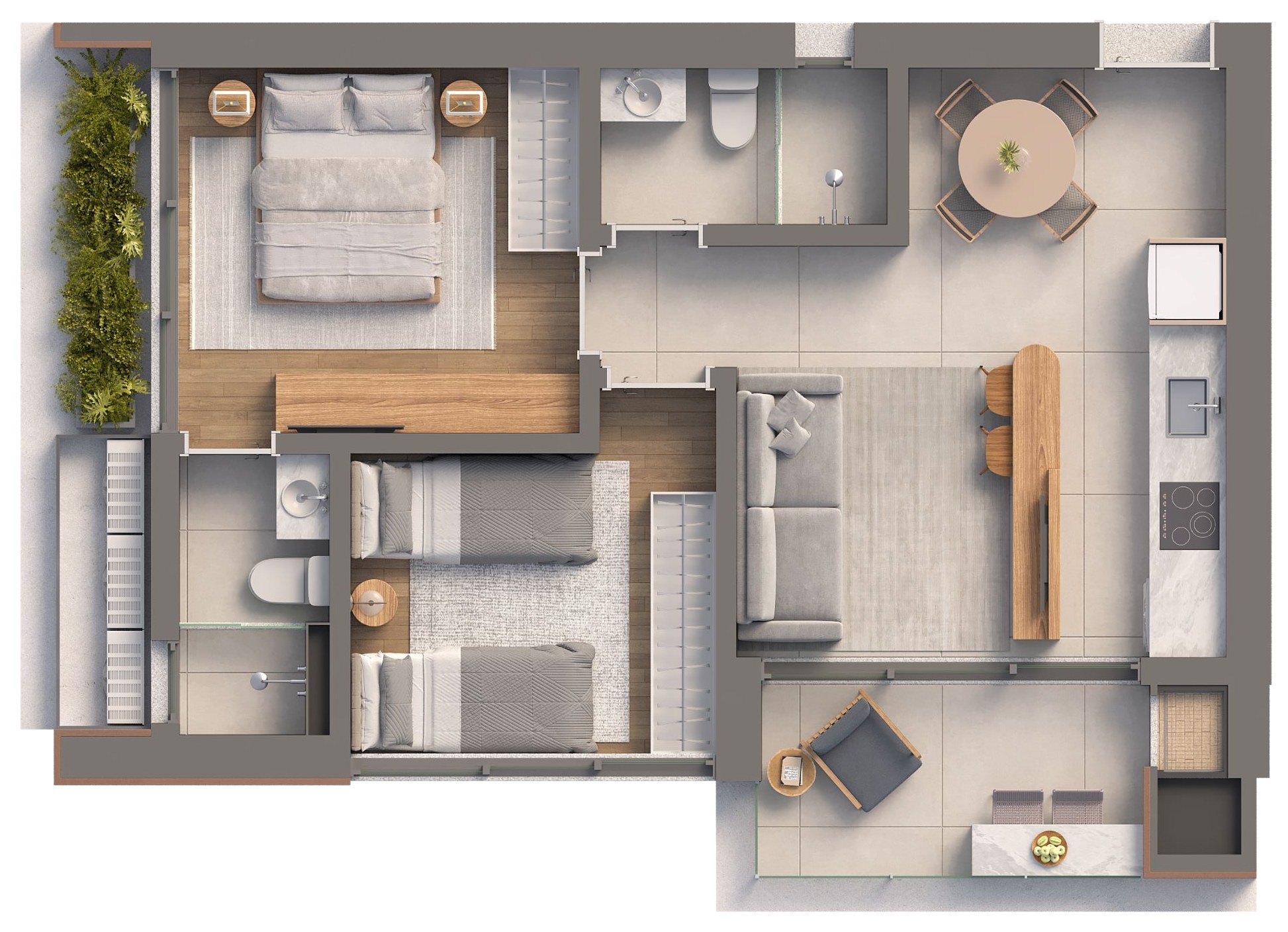 Isla Residencial Clube — planta do apartamento final 02 e 07 com sacada padrão: 61,59 m², 2 dormitórios sendo 1 suíte
