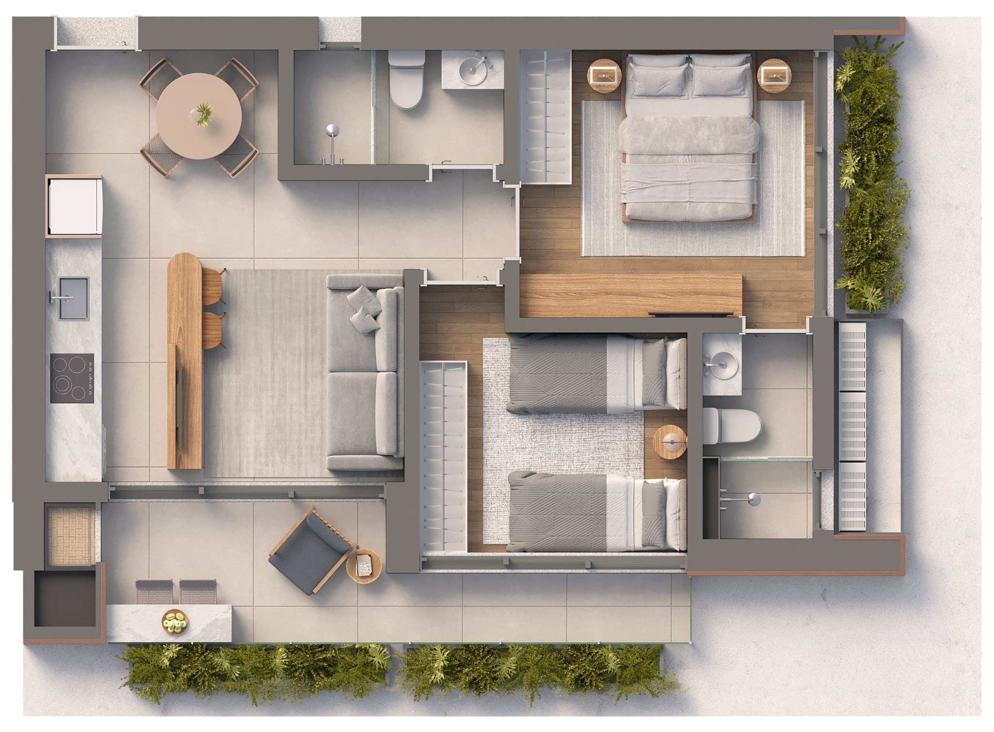 Isla Residencial Clube — planta do apartamento final 03 e 08 com sacada estendida: 64,42 m²
