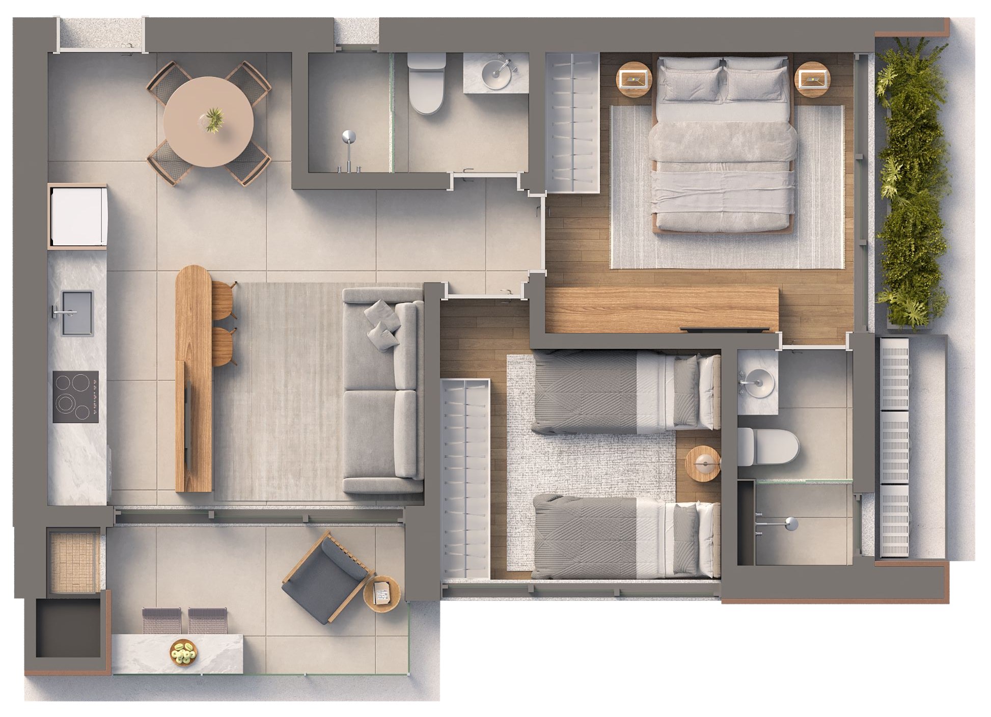 Isla Residencial Clube — planta do apartamento final 03 e 08 com sacada padrão: 61,59 m²