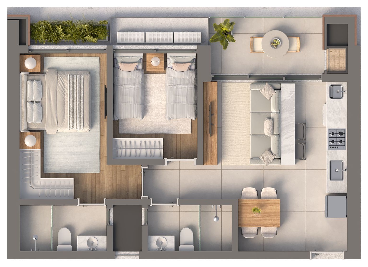 Isla Residencial Clube — planta do apartamento final 05 e 10: 62,11 m², 2 dormitórios sendo 1 suíte