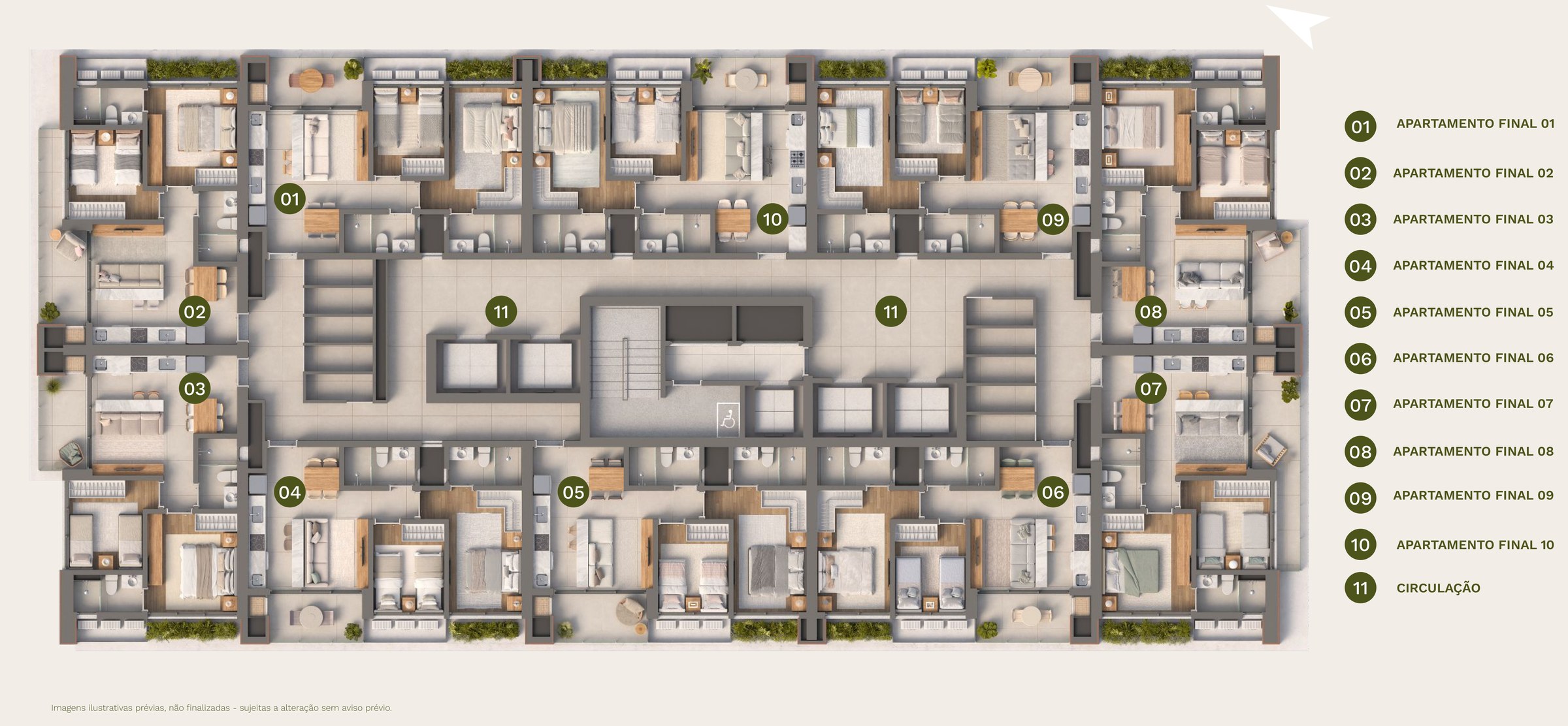 Isla Residencial Clube — planta do pavimento tipo (3º, 6º, 10º, 13º, 16º, 20º e 23º), finais 01 a 10
