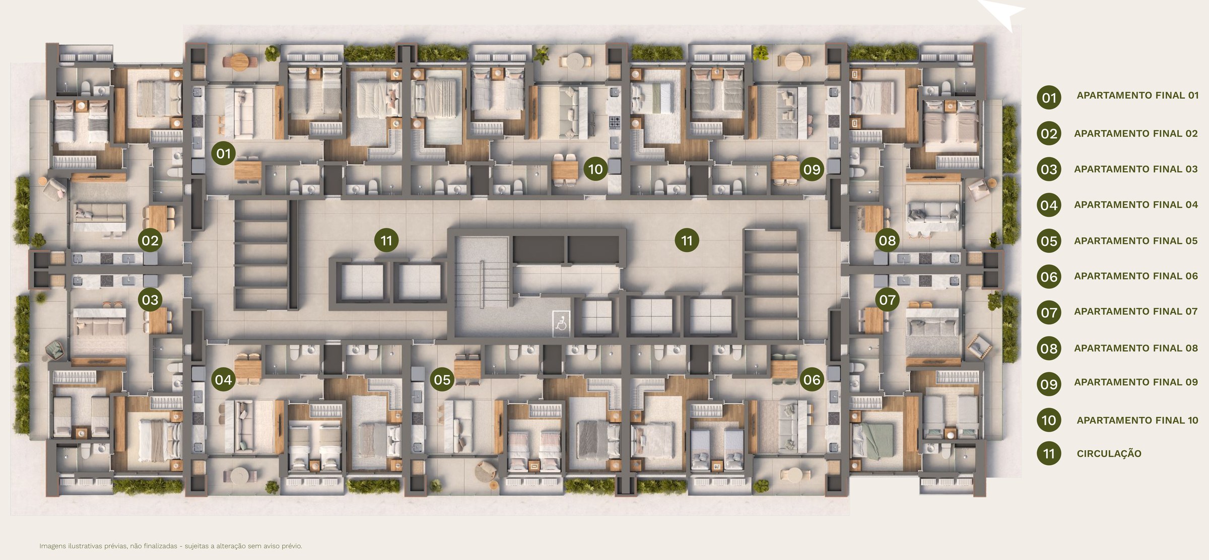 Isla Residencial Clube — planta do pavimento tipo (4º, 7º, 14º, 17º e 24º), finais 01 a 10