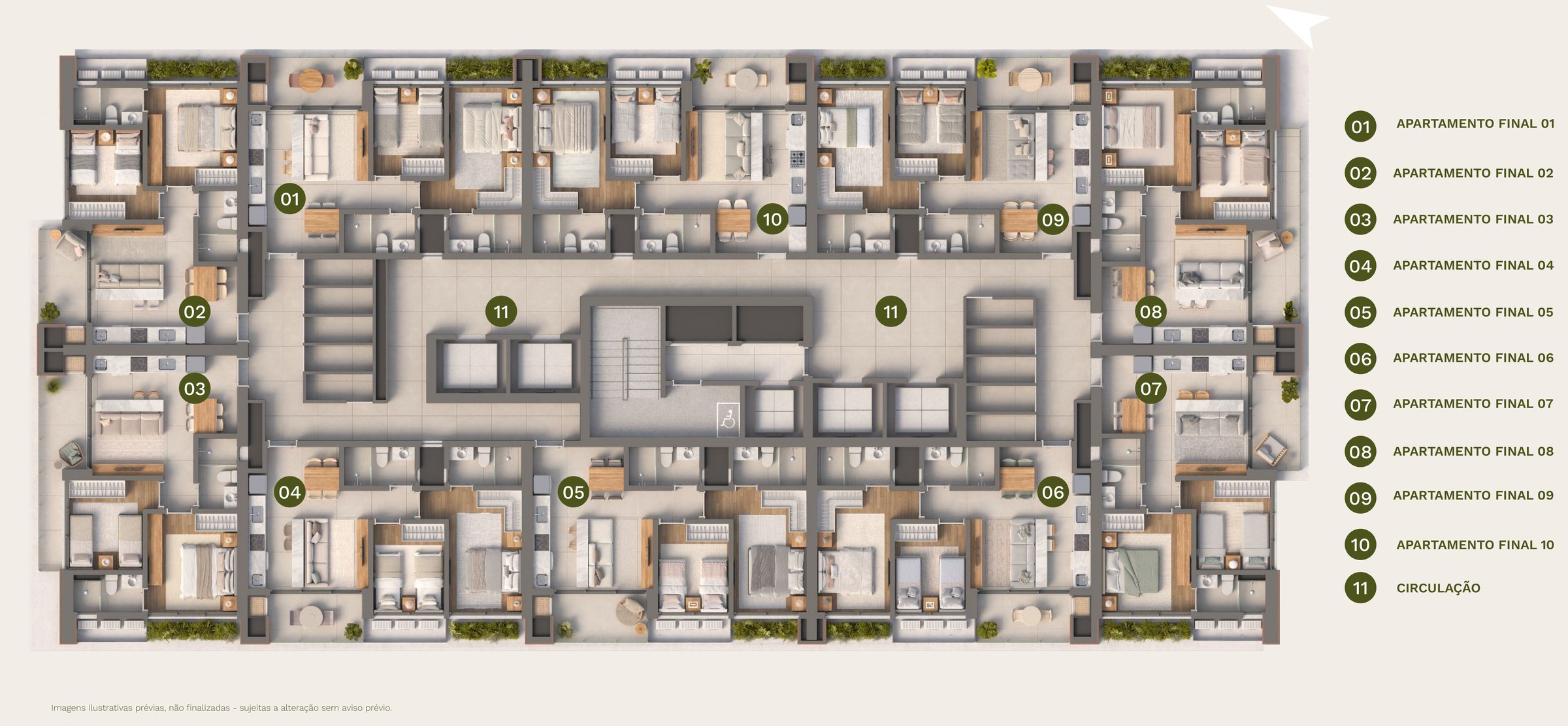 Isla Residencial Clube — planta do pavimento tipo (5º, 8º, 11º, 15º, 18º, 21º e 25º), finais 01 a 10