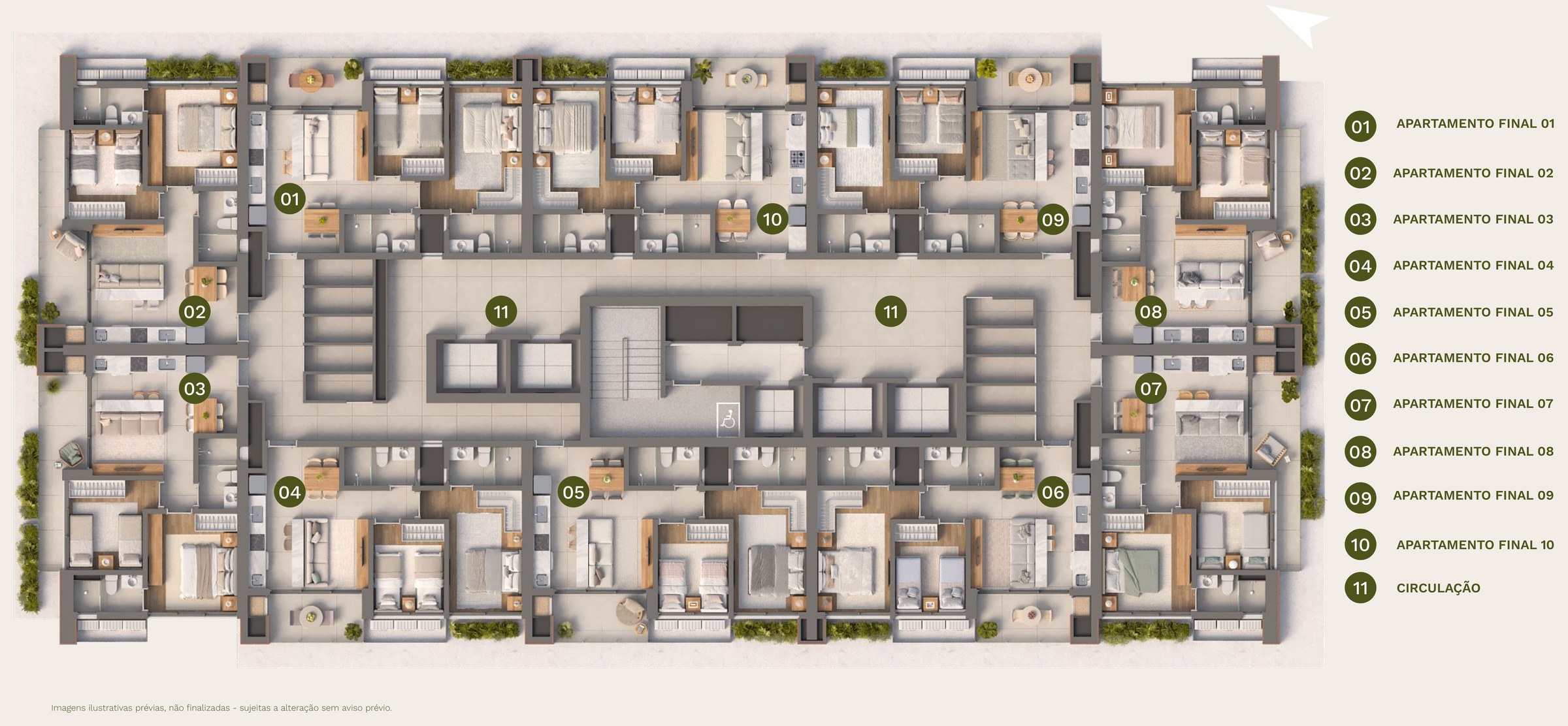 Isla Residencial Clube — planta do pavimento tipo (9º, 12º, 19º e 22º), finais 01 a 10