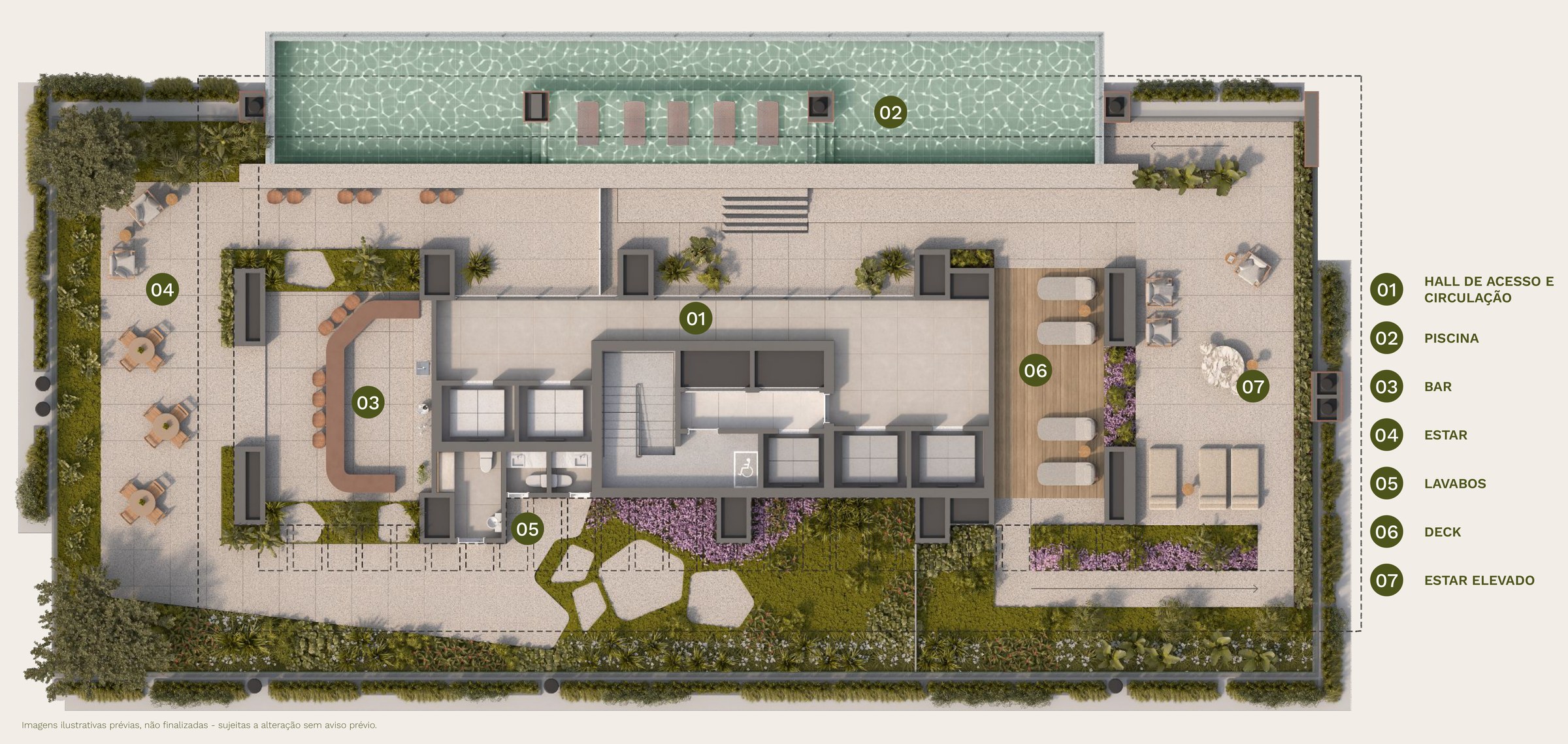 Isla Residencial Clube — planta do rooftop das torres Garoupa e Enseada: piscina, bar, estar, deck e estar elevado