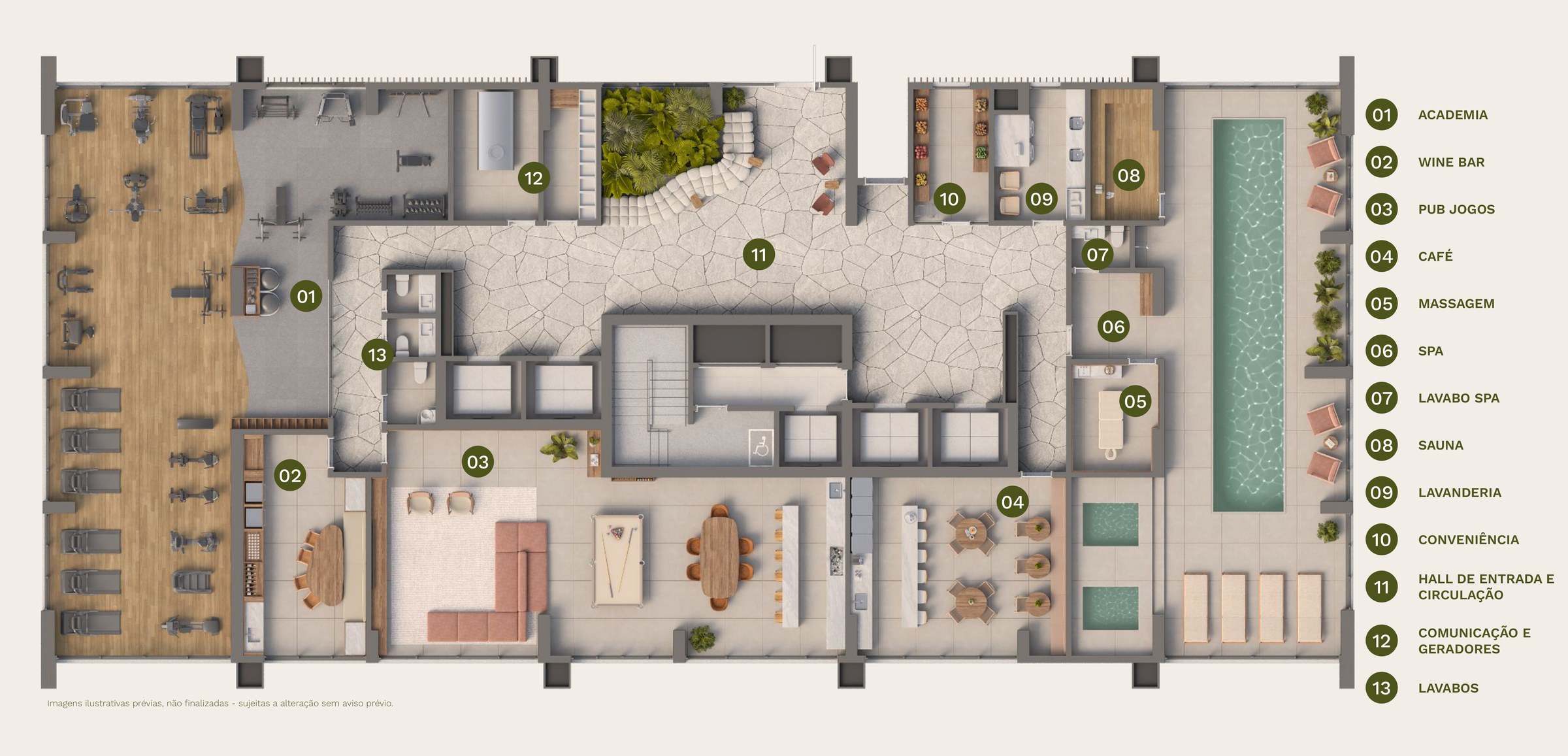 Isla Residencial Clube — planta do térreo da Torre Enseada: academia, wine bar, pub jogos, café, spa e sauna