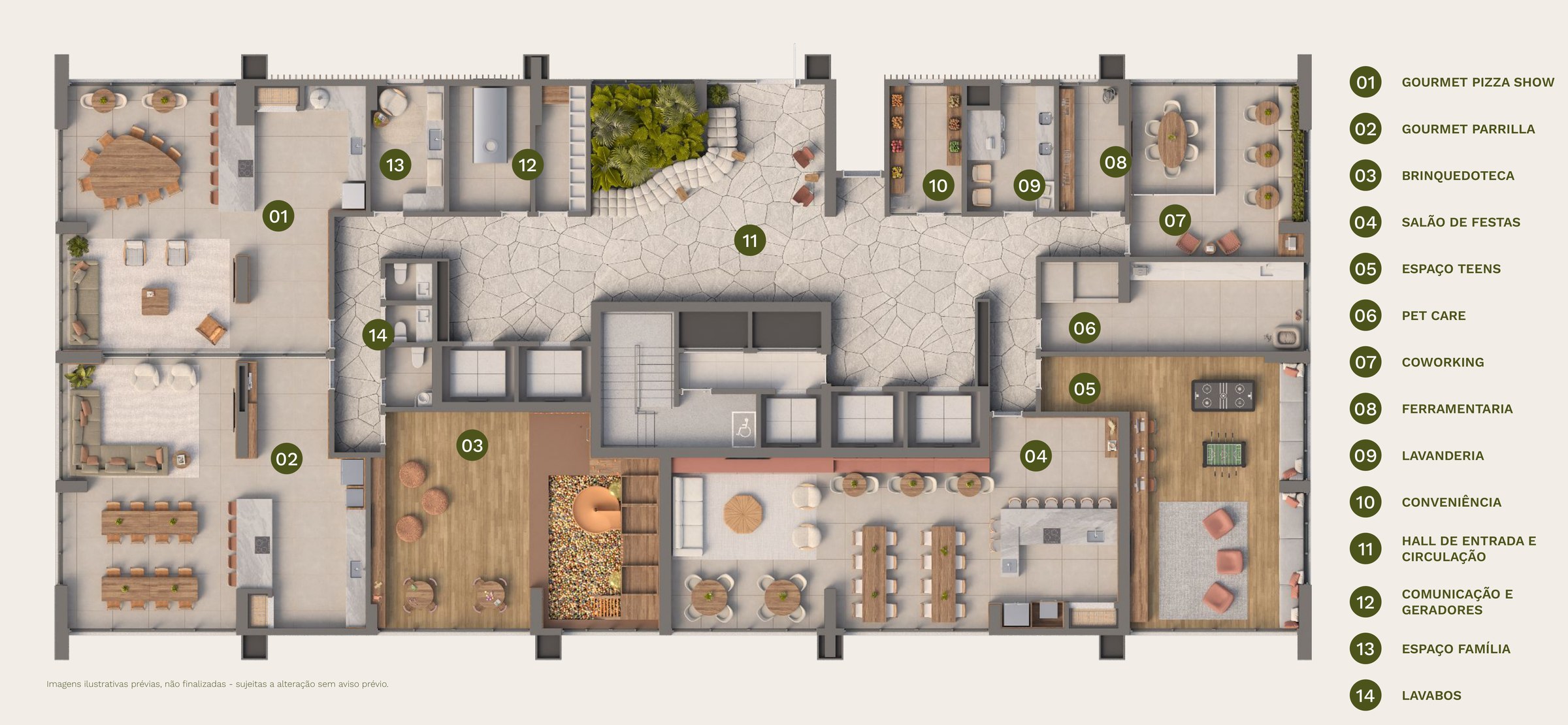 Isla Residencial Clube — planta do térreo da Torre Garoupa: gourmets, brinquedoteca, salão de festas, espaço teens e coworking