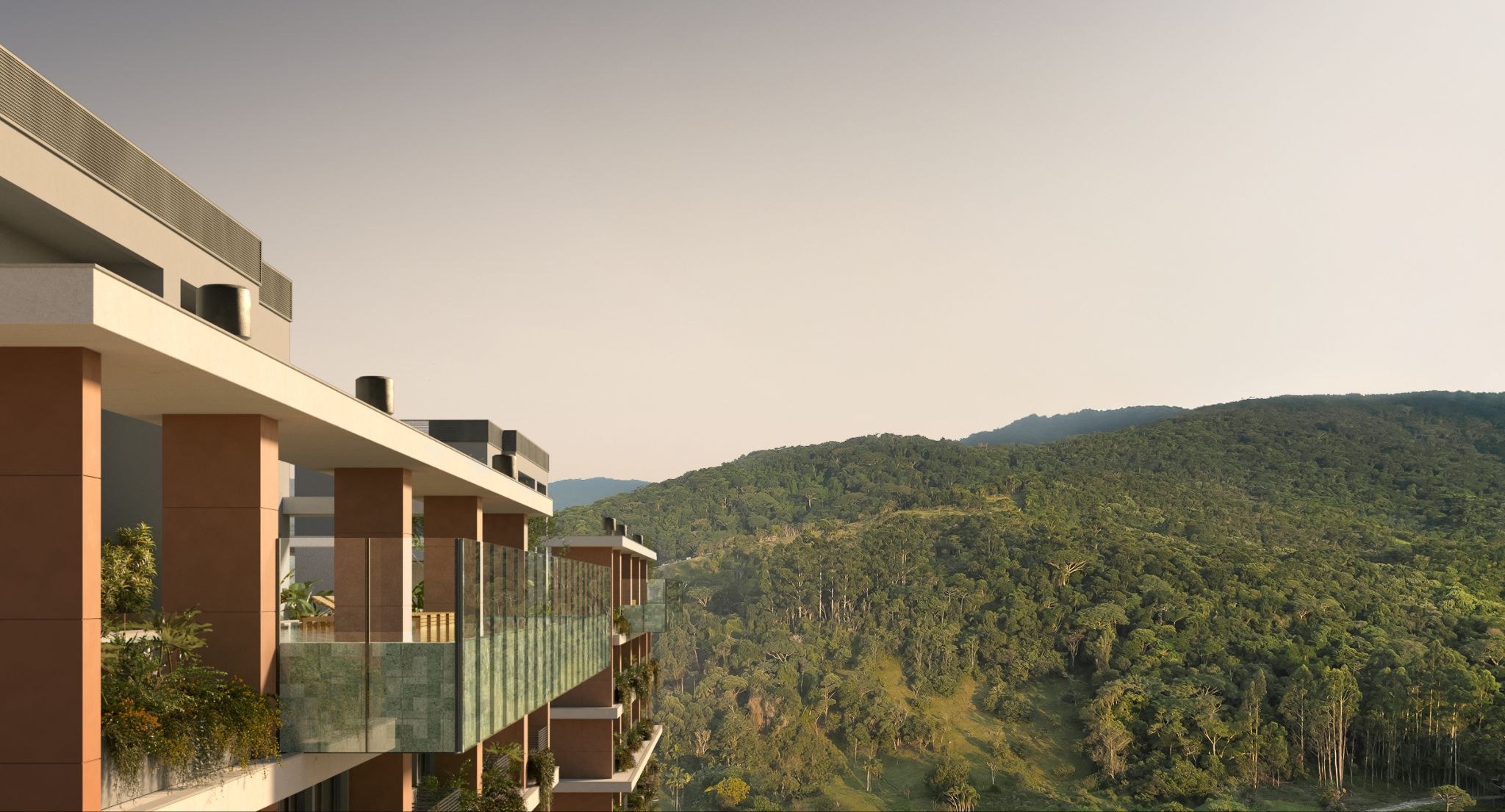 Isla Residencial Clube — varanda com vista para a serra de Porto Belo