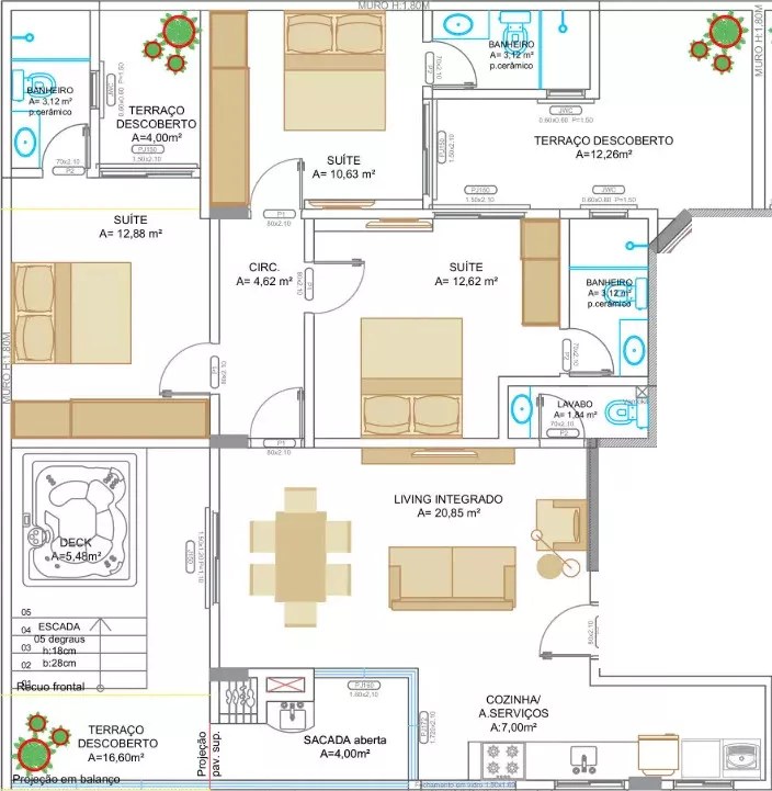 La Belle Residence — Planta da cobertura com 3 suítes e deck com jacuzzi, Kalani Empreendimentos, Porto Belo SC La Belle Residence — Planta da cobertura com 3 suítes e deck com jacuzzi, Kalani Empreendimentos, Porto Belo SC