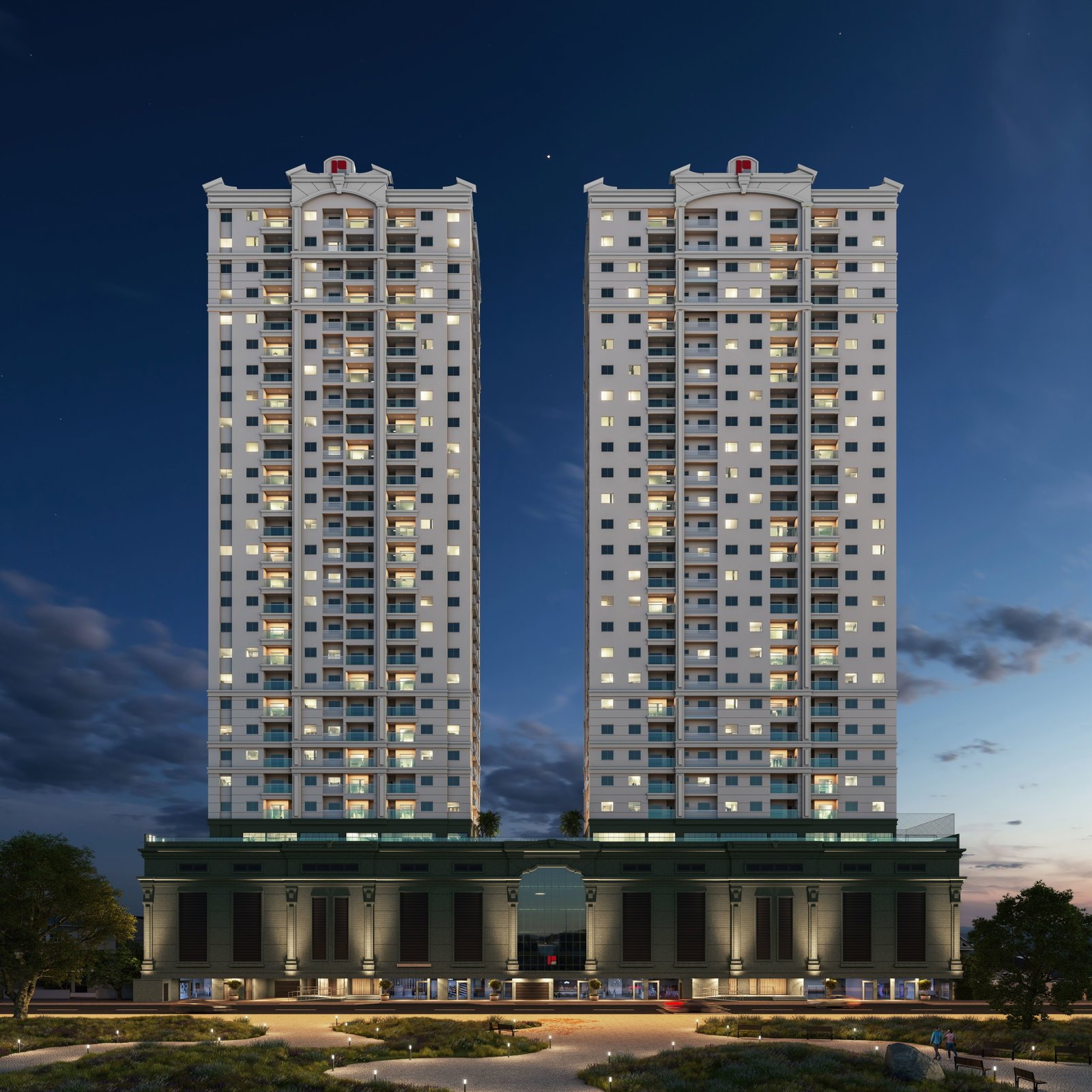 Lyon Home Club - Torre 2 — fachada noturna das duas torres, Pasqualotto, Porto Belo SC Lyon Home Club - Torre 2 — fachada noturna das duas torres, Pasqualotto, Porto Belo SC