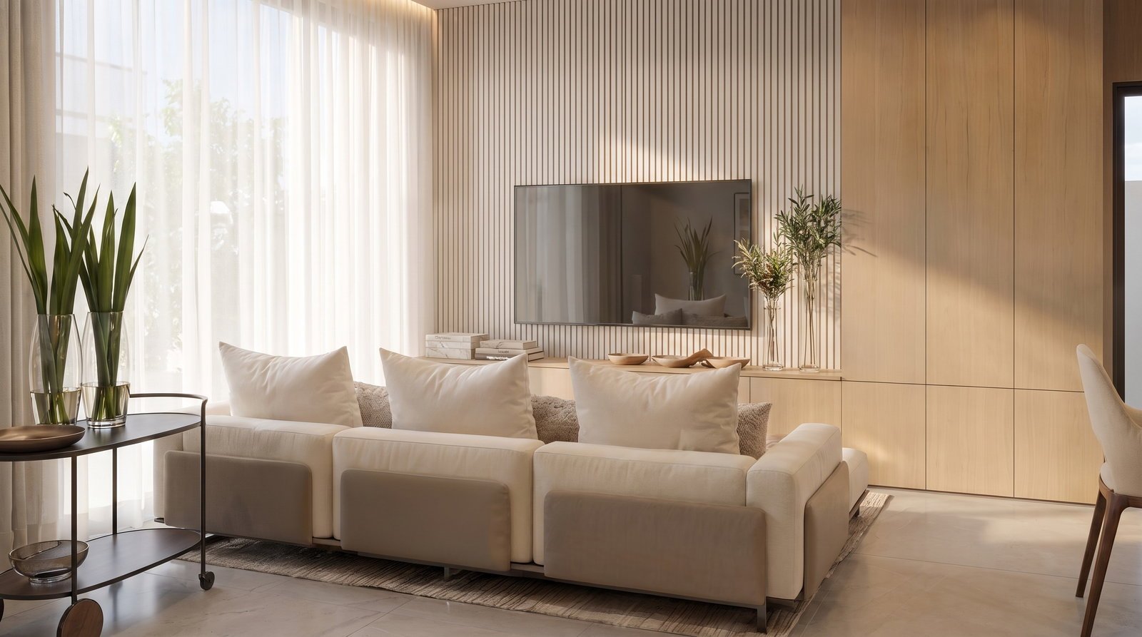 Mahalo Residence — sofa facing wood wall television, Facitá Empreendimentos, Balneário Perequê, Porto Belo SC Mahalo Residence — sofa facing wood wall television, Facitá Empreendimentos, Balneário Perequê, Porto Belo SC