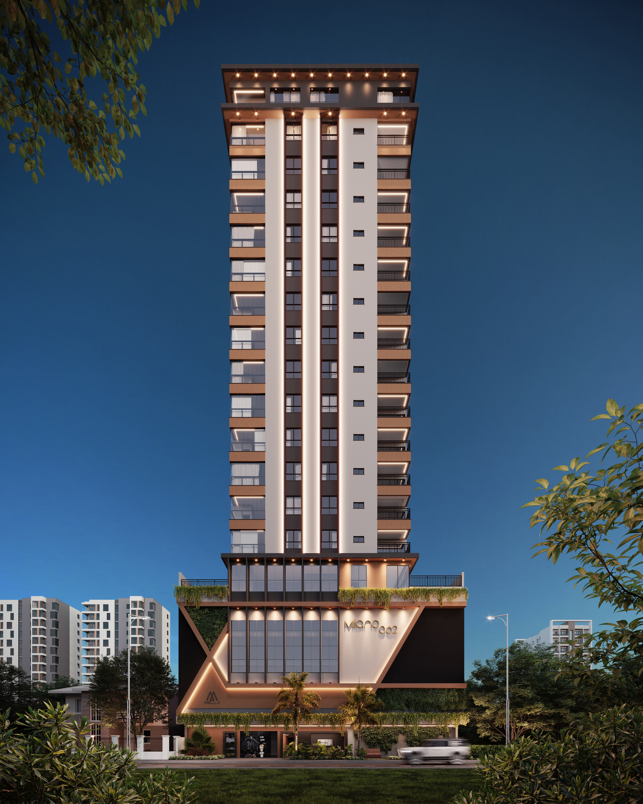 Milano 062 — Fachada noturna pela Rua São Francisco, Mella Construtora, Balneário Perequê, Porto Belo SC