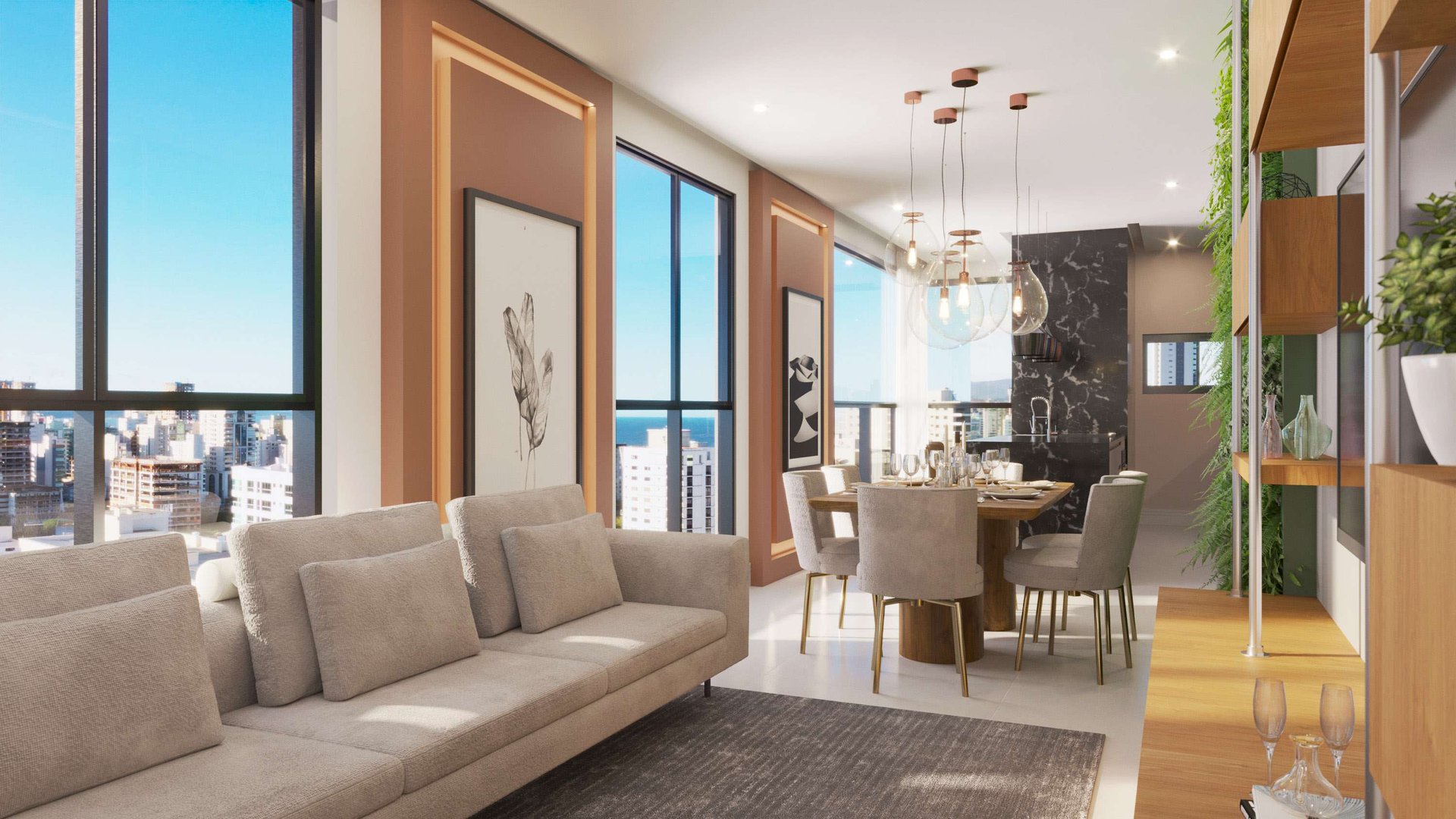 Milano 062 — Living do apartamento tipo, Mella Construtora, Balneário Perequê, Porto Belo SC