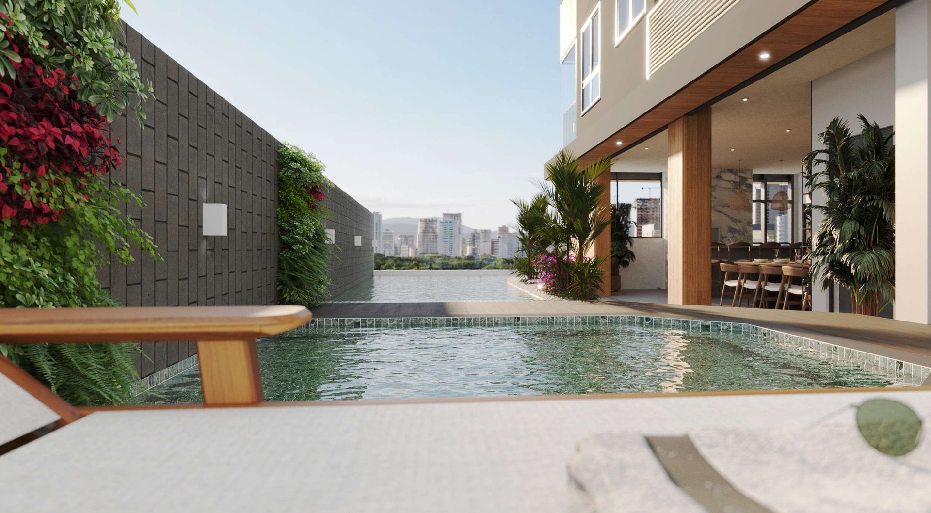 Milano 062 — Piscina e deck, Mella Construtora, Balneário Perequê, Porto Belo SC