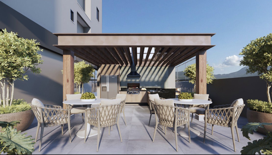 Monte Solaro Residence — espaço gourmet com pergolado e churrasqueira