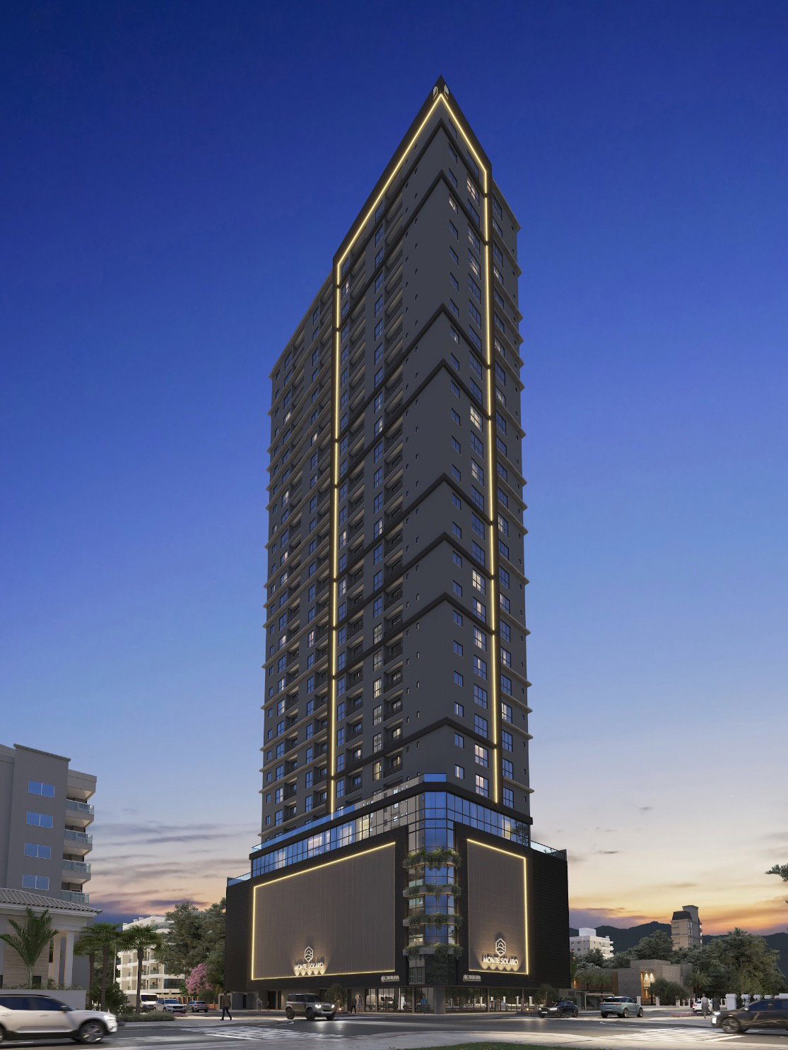 Monte Solaro Residence — fachada noturna da torre, S. Cavilha Empreendimentos, Porto Belo SC