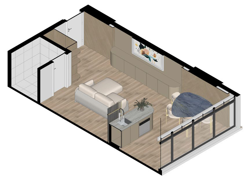 Nexus — planta isométrica do flat modular de 44 m²