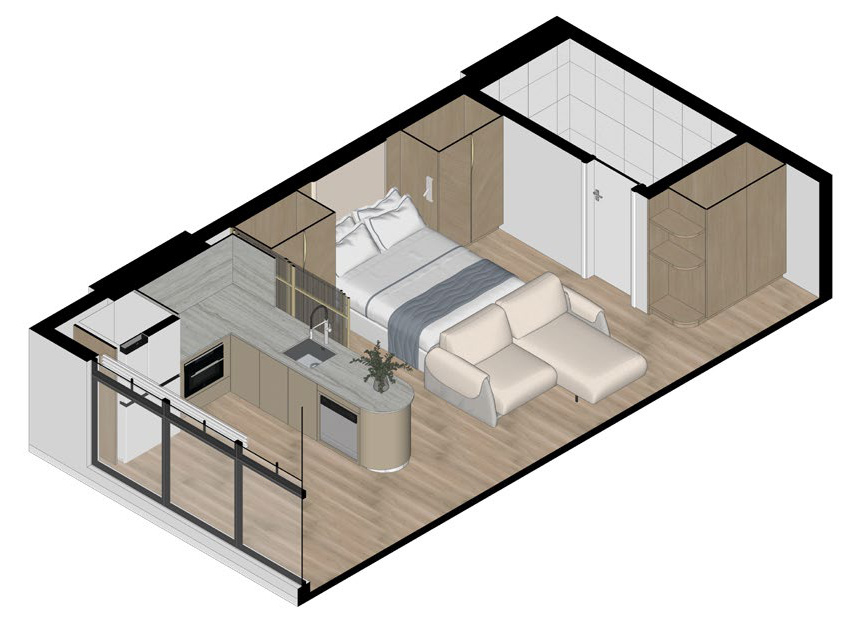 Nexus — planta isométrica do flat modular de 44 m² com dormitório