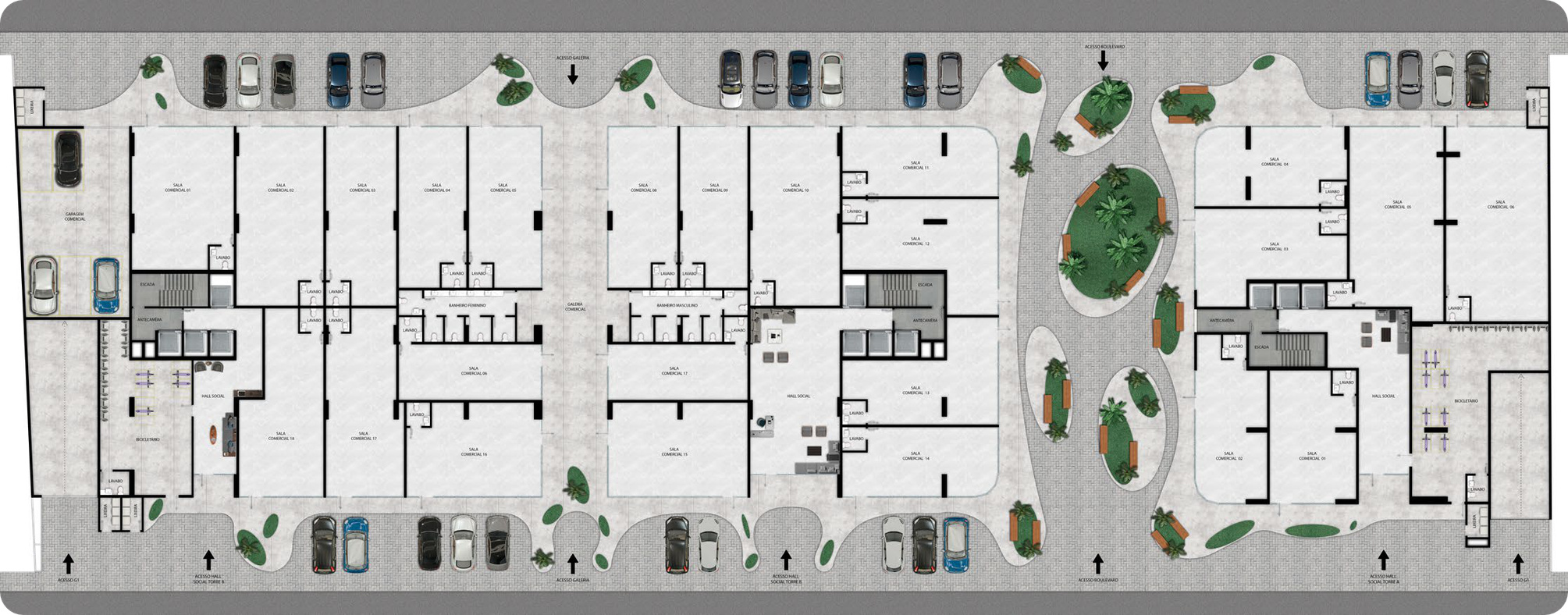 Nexus — planta do térreo comercial com galeria boulevard