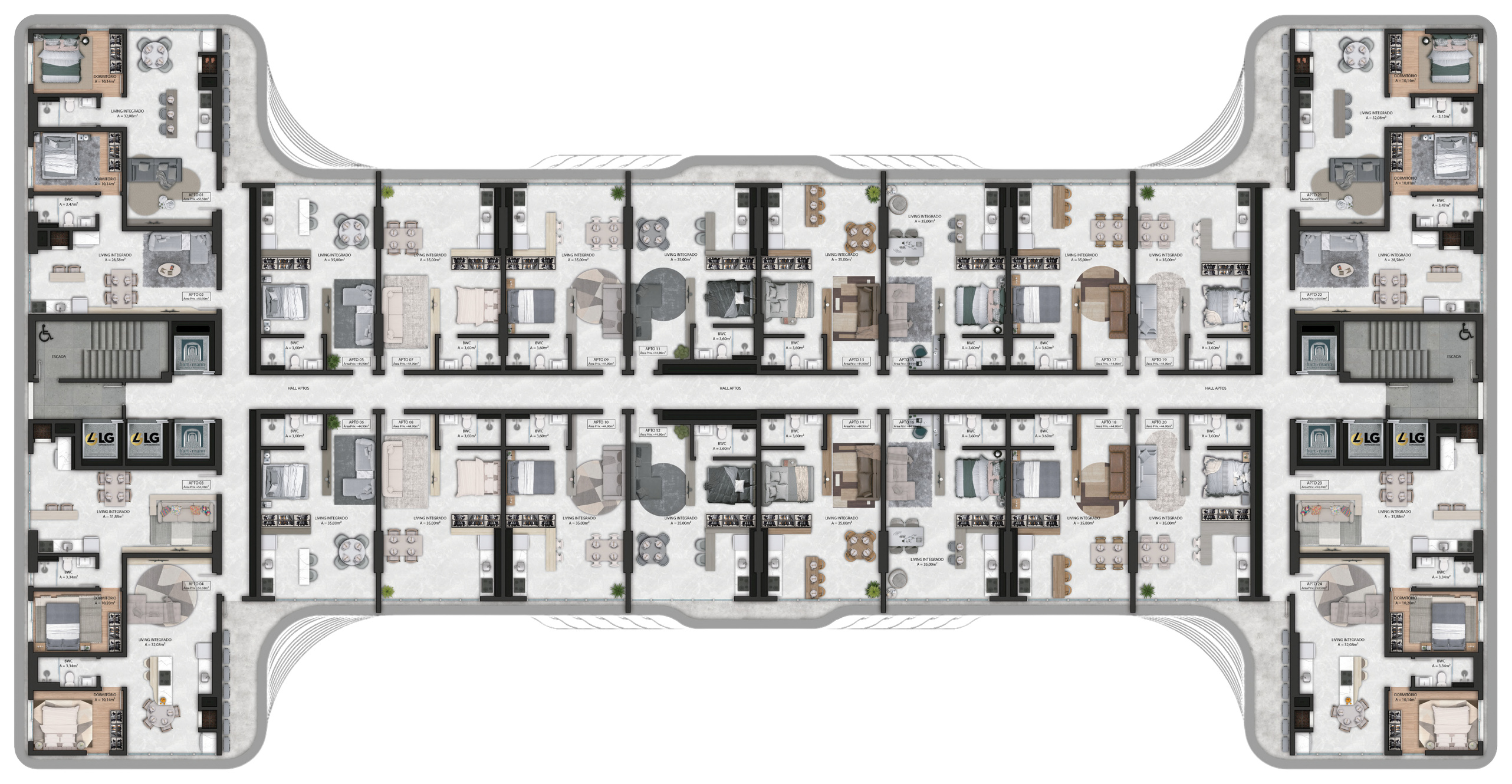 Nexus — planta do pavimento tipo com flats de 44 m² e apartamentos de 50 m²