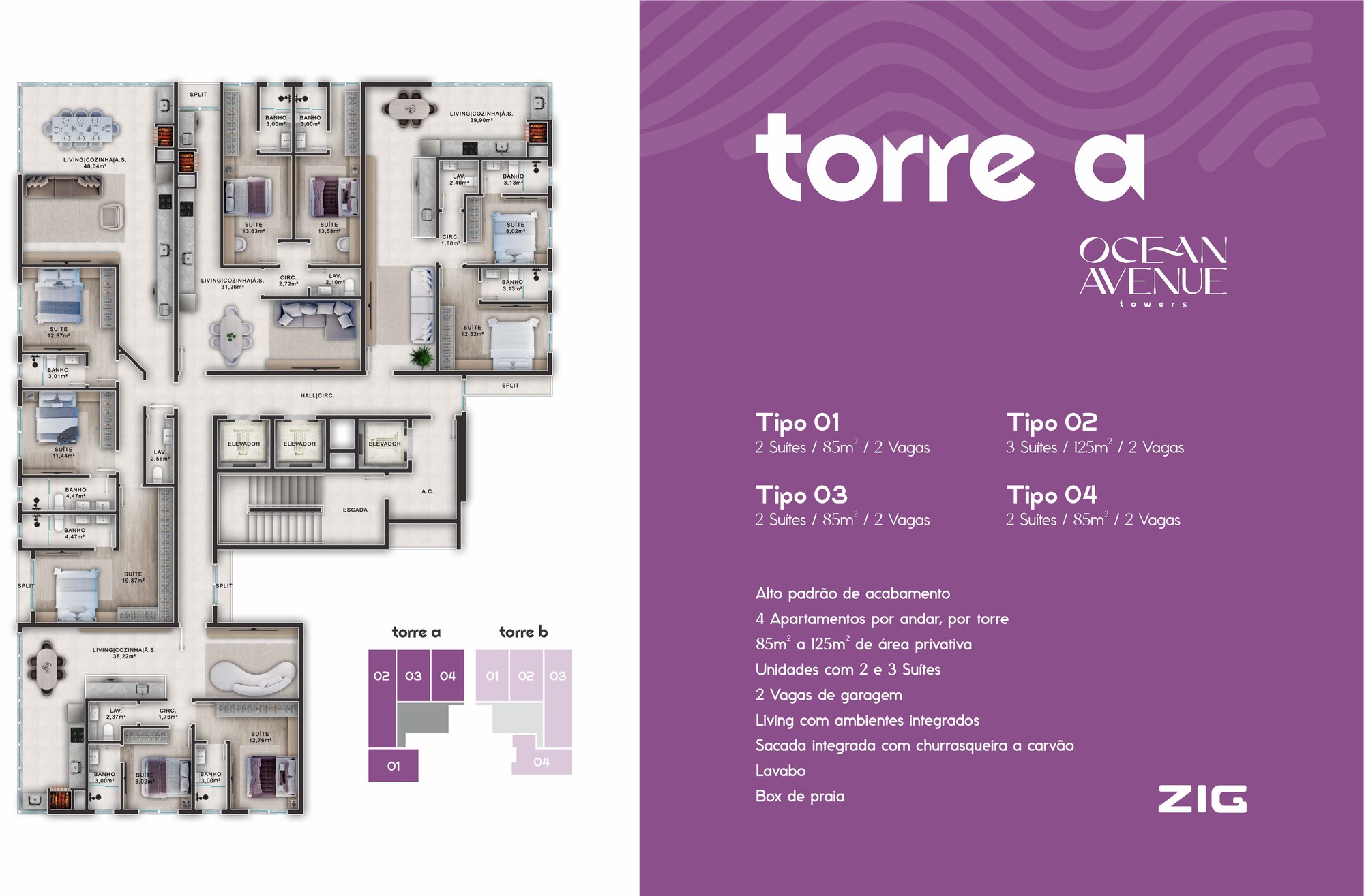 Ocean Avenue Towers — planta e tipologias 1, ZIG Empreendimentos, Balneário Perequê, Porto Belo SC