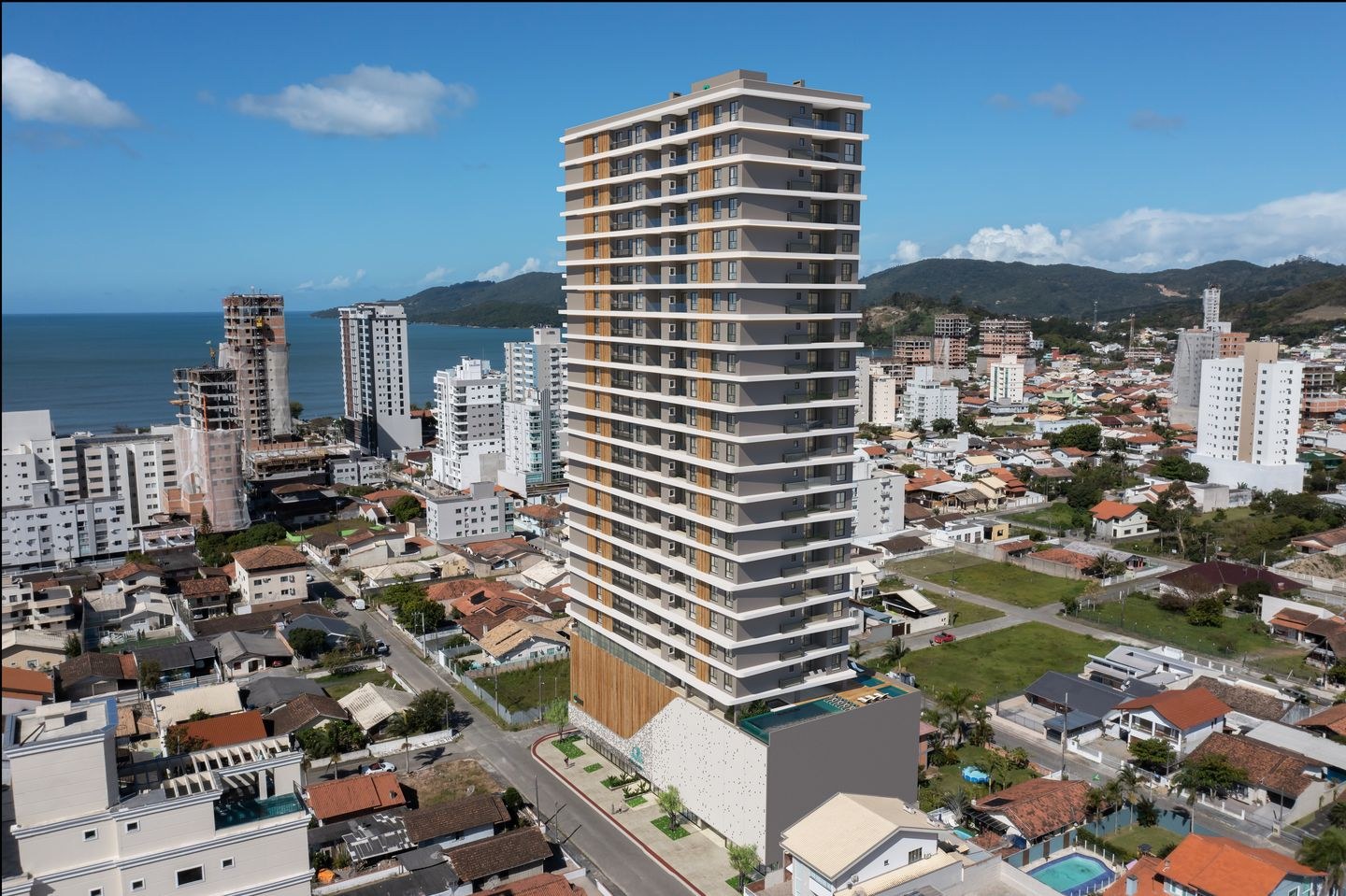 Platja D'en Bossa — Vista aérea com a localização, Cescon Construtora e Incorporadora, Balneário Perequê, Porto Belo SC