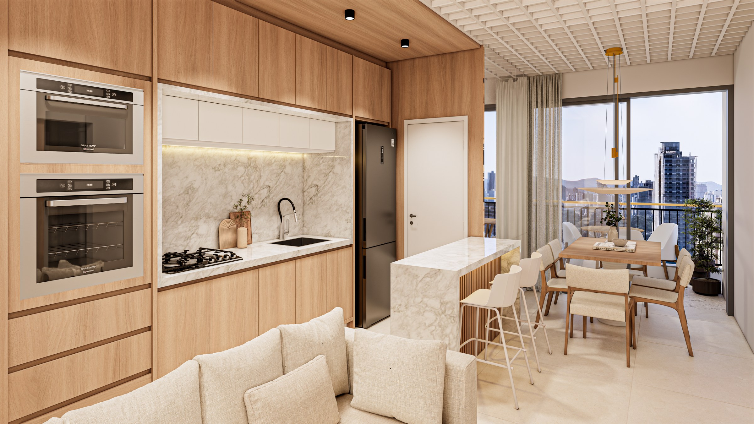 Porto Amalfi Residence — living e cozinha integrados do apartamento de 79,92 m², AR Incorporadora, Balneário Perequê, Porto Belo SC