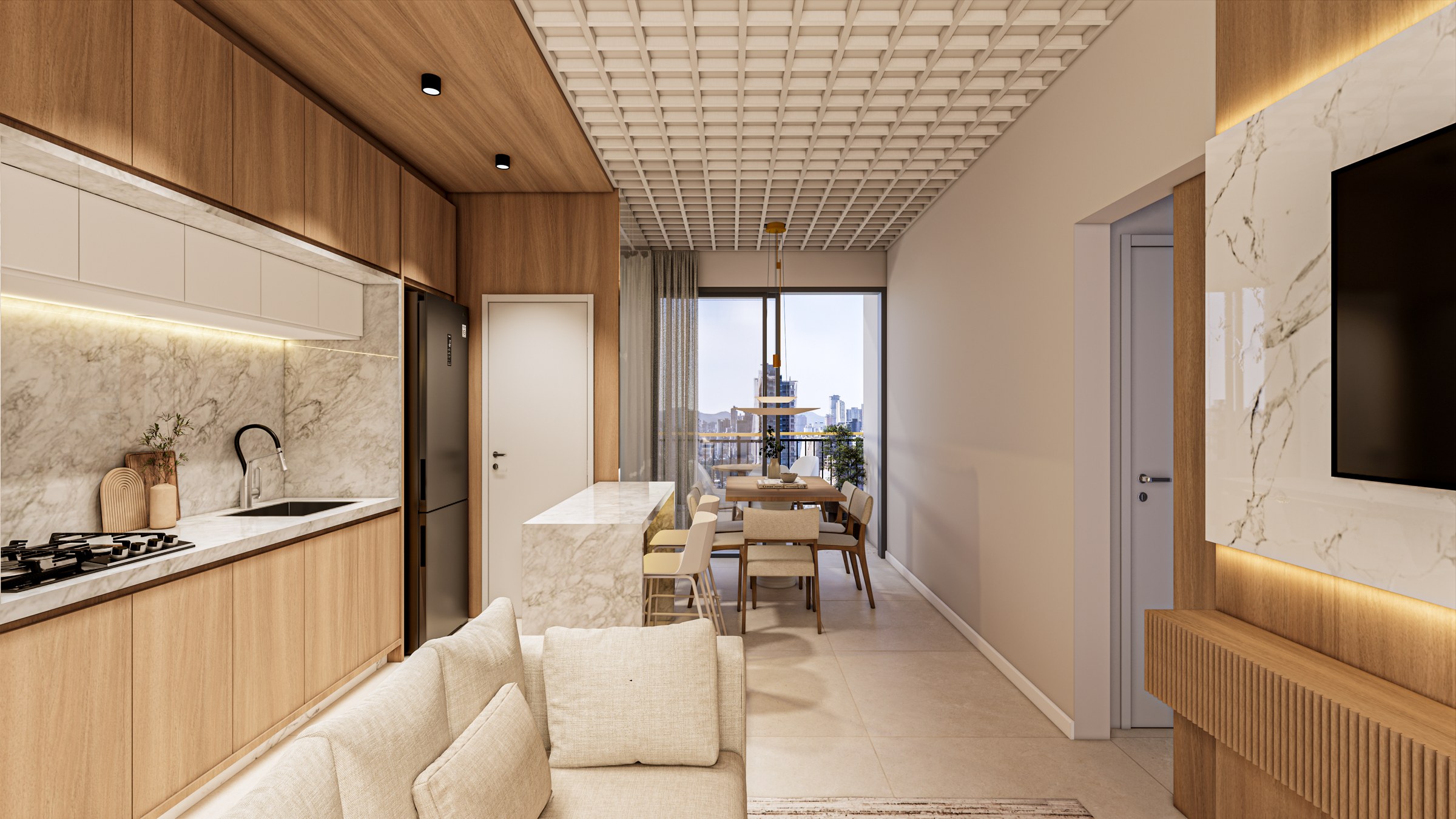 Porto Amalfi Residence — living do apartamento com cozinha integrada, AR Incorporadora, Balneário Perequê, Porto Belo SC