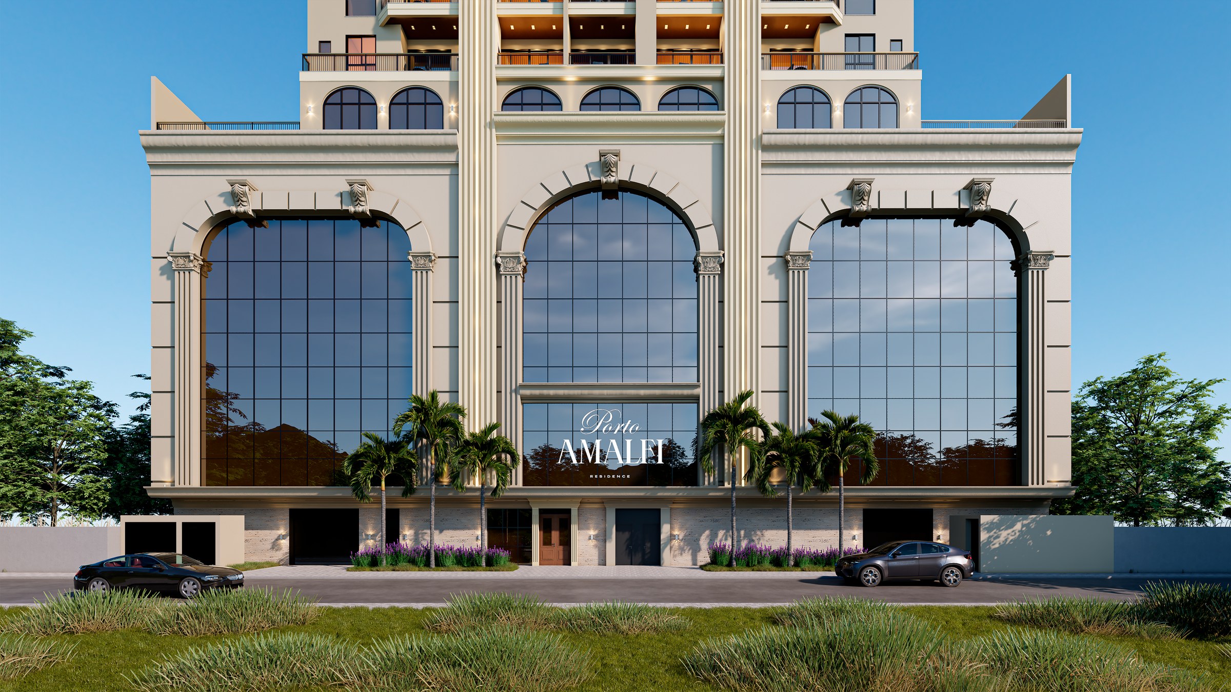 Porto Amalfi Residence — fachada de acesso com arcos e embasamento, AR Incorporadora, Balneário Perequê, Porto Belo SC