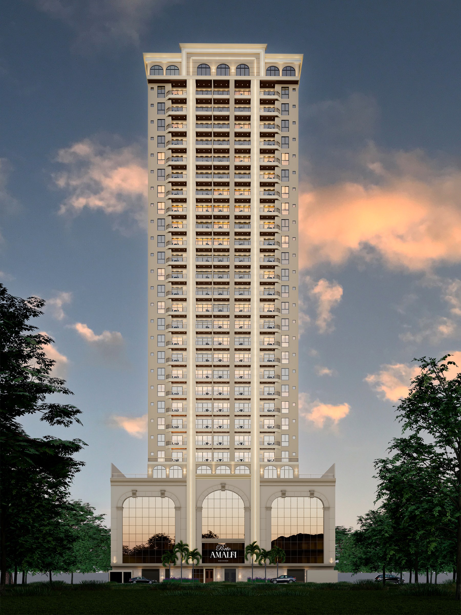 Porto Amalfi Residence — fachada ao entardecer, AR Incorporadora, Balneário Perequê, Porto Belo SC