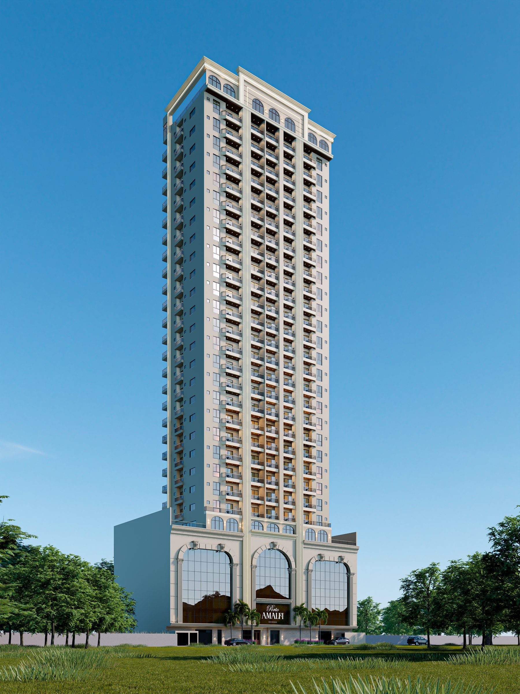 Porto Amalfi Residence — perspectiva da torre de 31 pavimentos durante o dia, AR Incorporadora, Balneário Perequê, Porto Belo SC