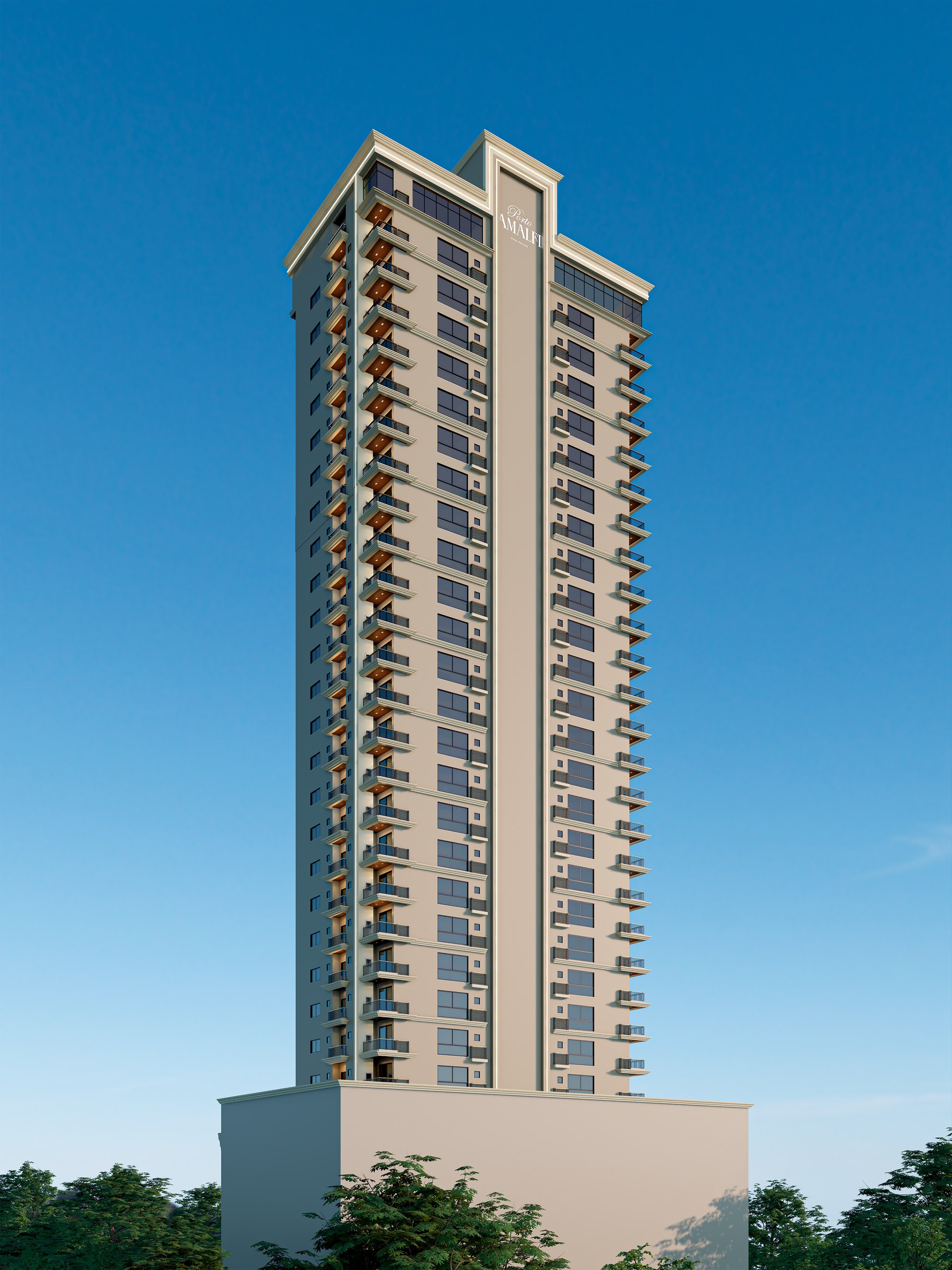 Porto Amalfi Residence — vista posterior lateral da torre, AR Incorporadora, Balneário Perequê, Porto Belo SC